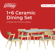 Goodnite (1+6) Ceramic Dining Set, Ceramic Top, Wood Leg, Fabric Chair