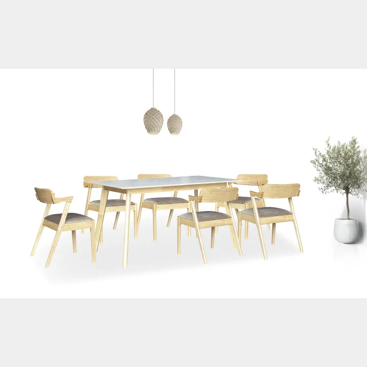 Goodnite (1+6) Ceramic Dining Set, Ceramic Top, Wood Leg, Fabric Chair
