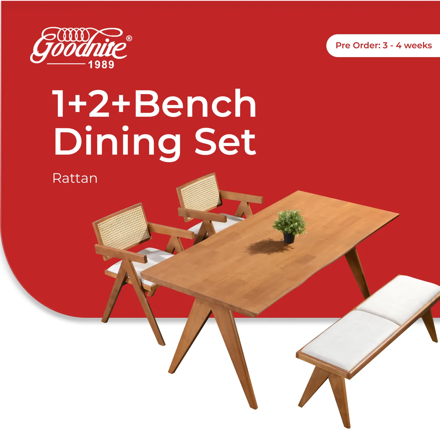Goodnite (1+2+Bench) / (1+4+Bench) Solid Rubber Wood Dining Set