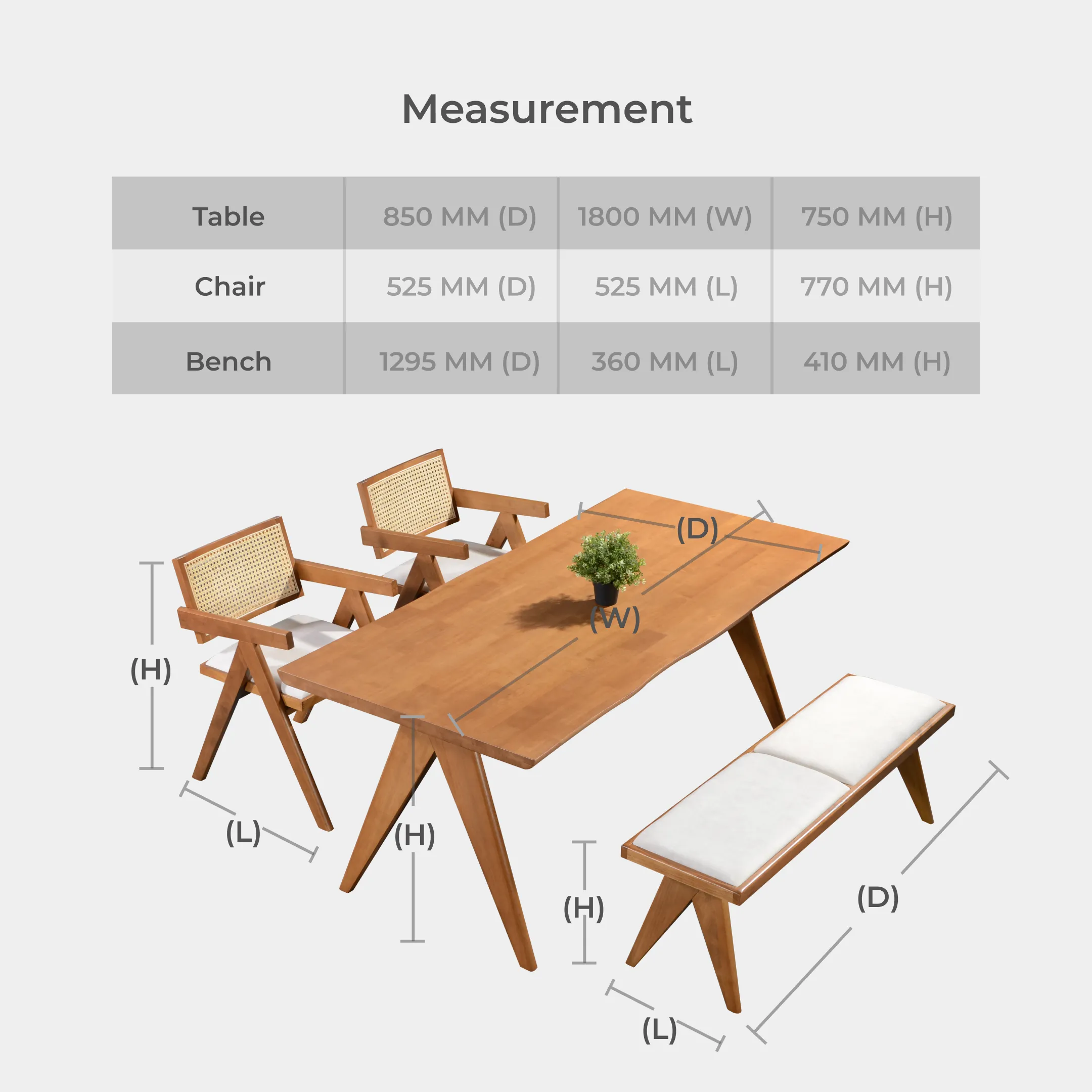 Goodnite (1+2+Bench) / (1+4+Bench) Solid Rubber Wood Dining Set