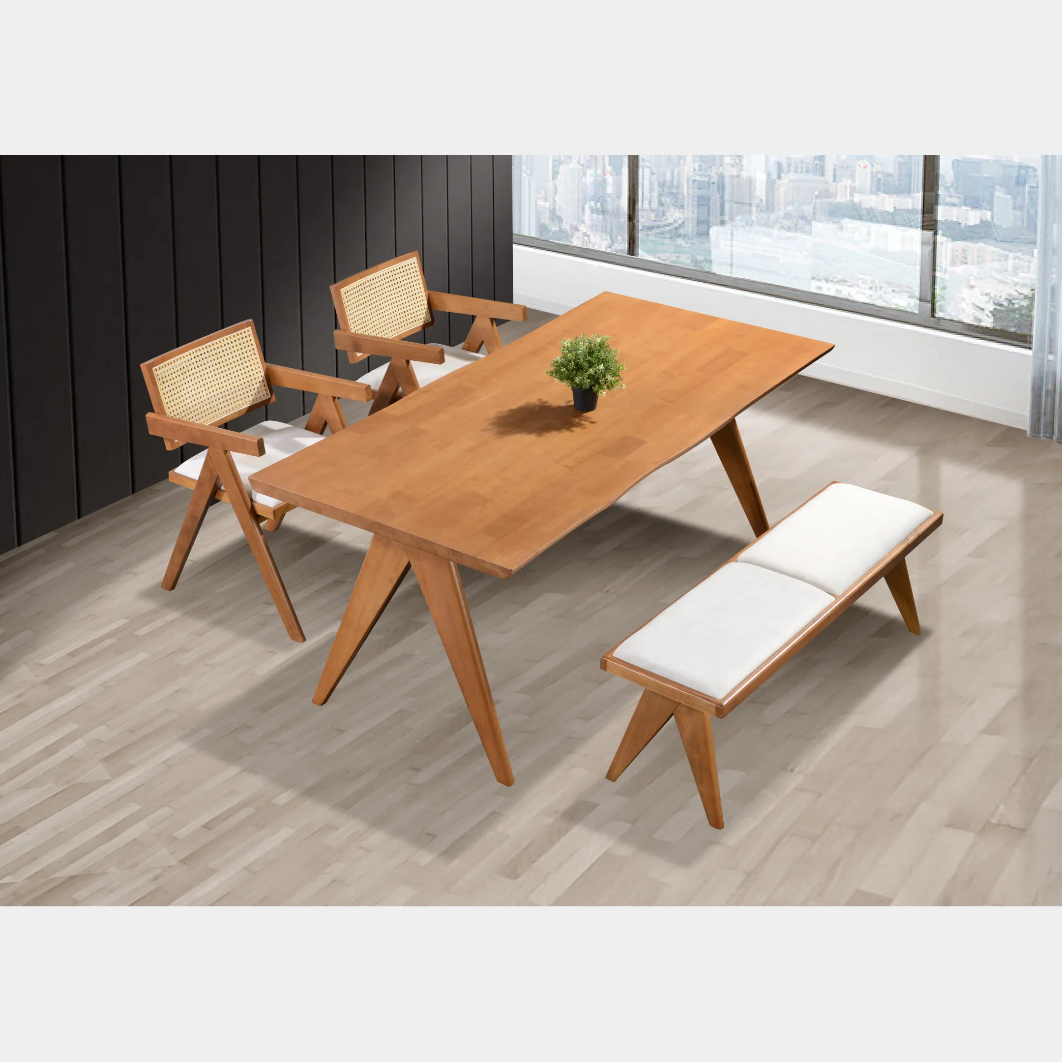 Goodnite (1+2+Bench) / (1+4+Bench) Solid Rubber Wood Dining Set