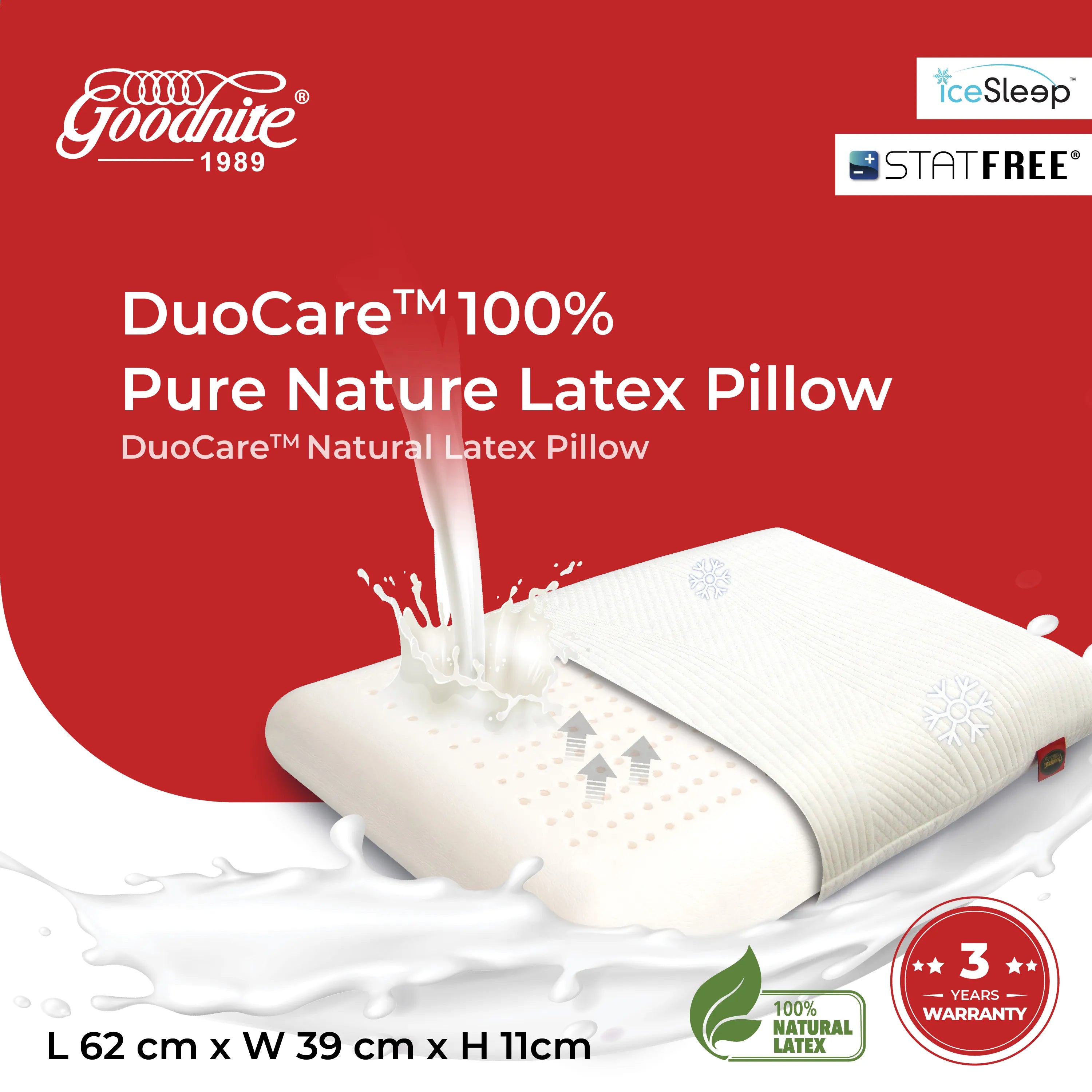 [NEW] Goodnite Duocare™ Natural Latex Pillow 62cm x 39cm x 11cm (Statfree® + IceSleep®)
