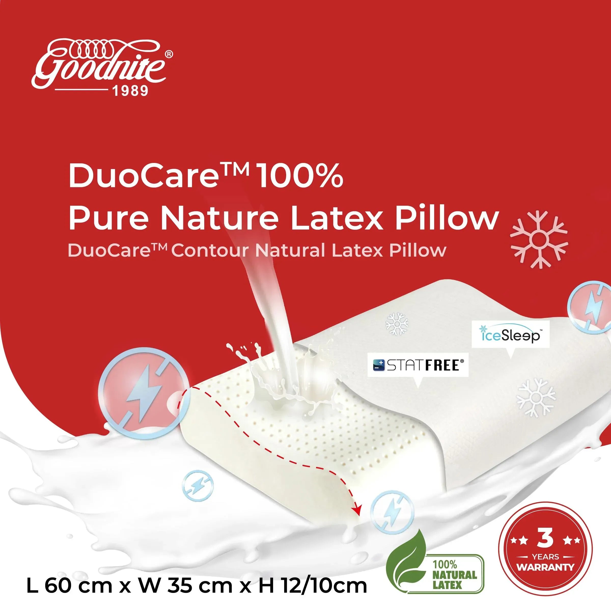 Goodnite Duocare™ Contour Natural Latex Pillow 60cm x 35cm x 12/10cm (Statfree® + IceSleep®)