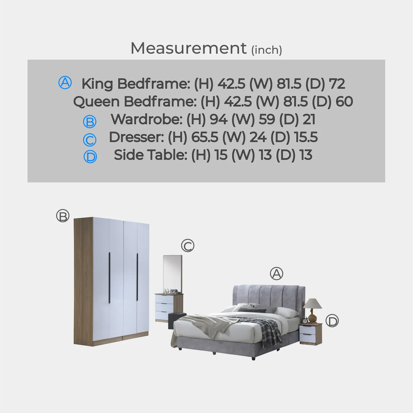 Goodnite Queen/ King Bedroom Set, Bedframe + Wardrobe + Dresser + Side Table (YXE577)