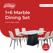 Goodnite (1+6) Marble Dining Set (1800mm), Nano Marble Table, Metal Leg, Fabric Chair