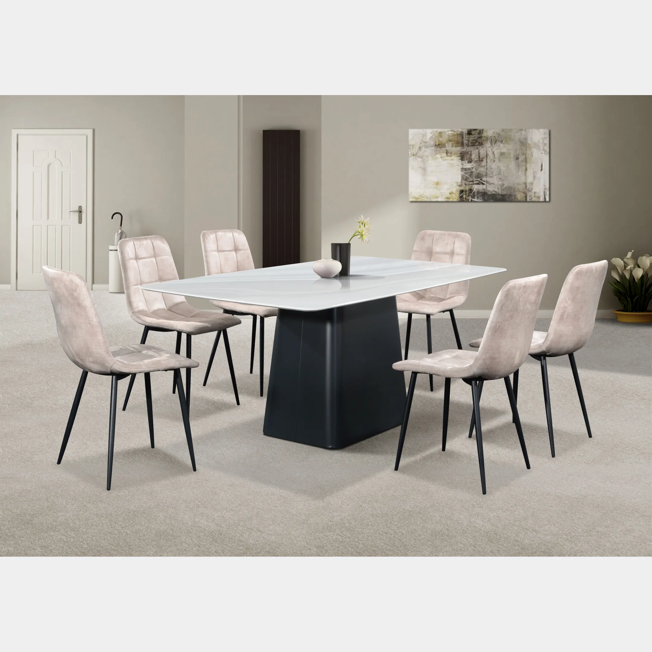 Goodnite (1+6) Marble Dining Set (1800mm), Nano Marble Table, Metal Leg, Fabric Chair