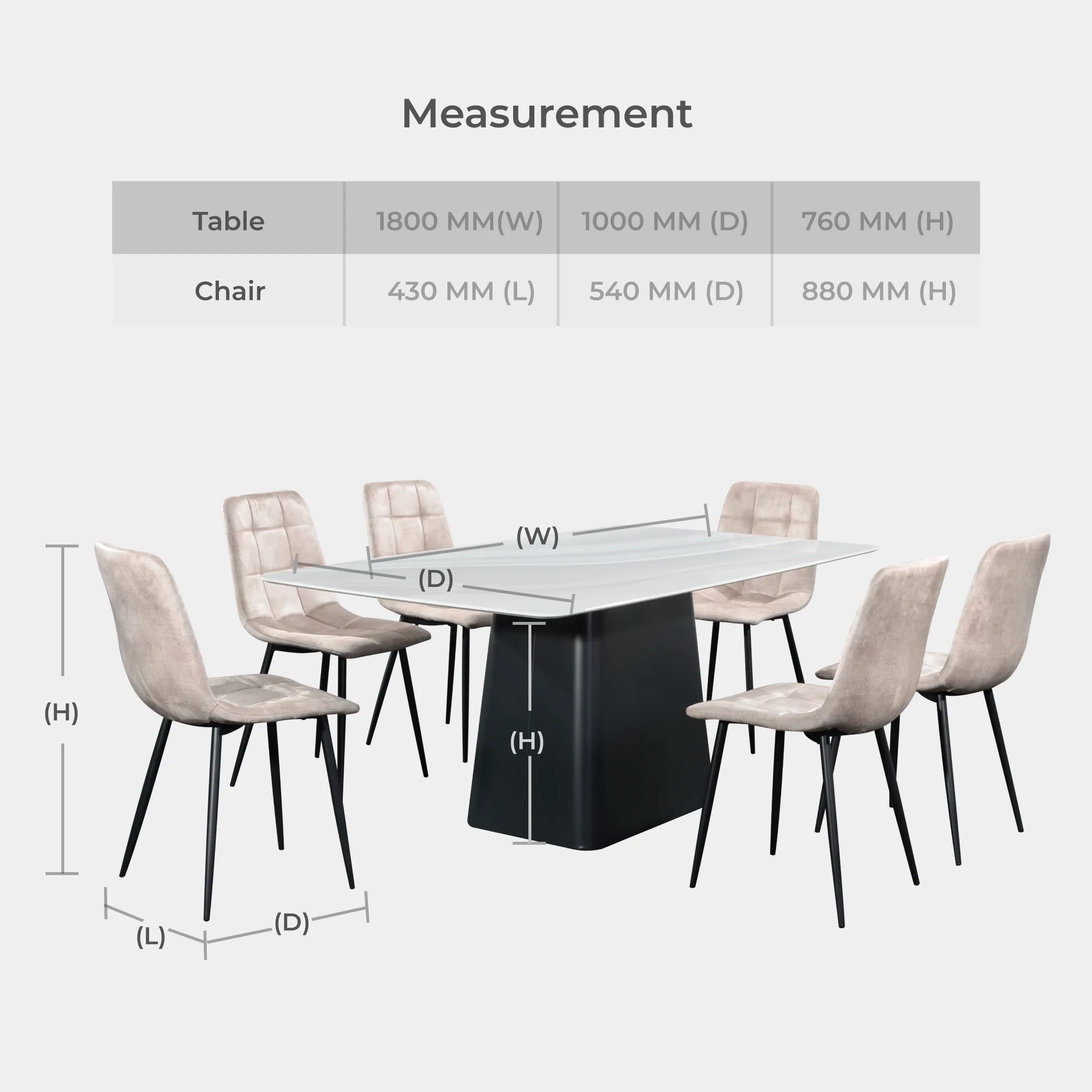 Goodnite (1+6) Marble Dining Set (1800mm), Nano Marble Table, Metal Leg, Fabric Chair