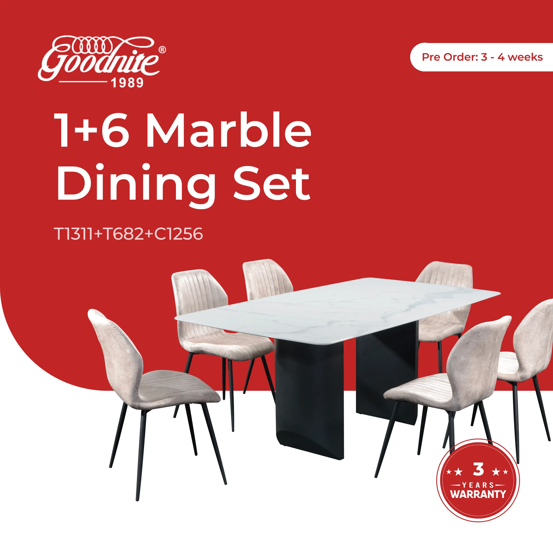 Goodnite (1+6) Marble Dining Set (1800mm), Nano Marble Table, Metal Leg, Fabric Chair