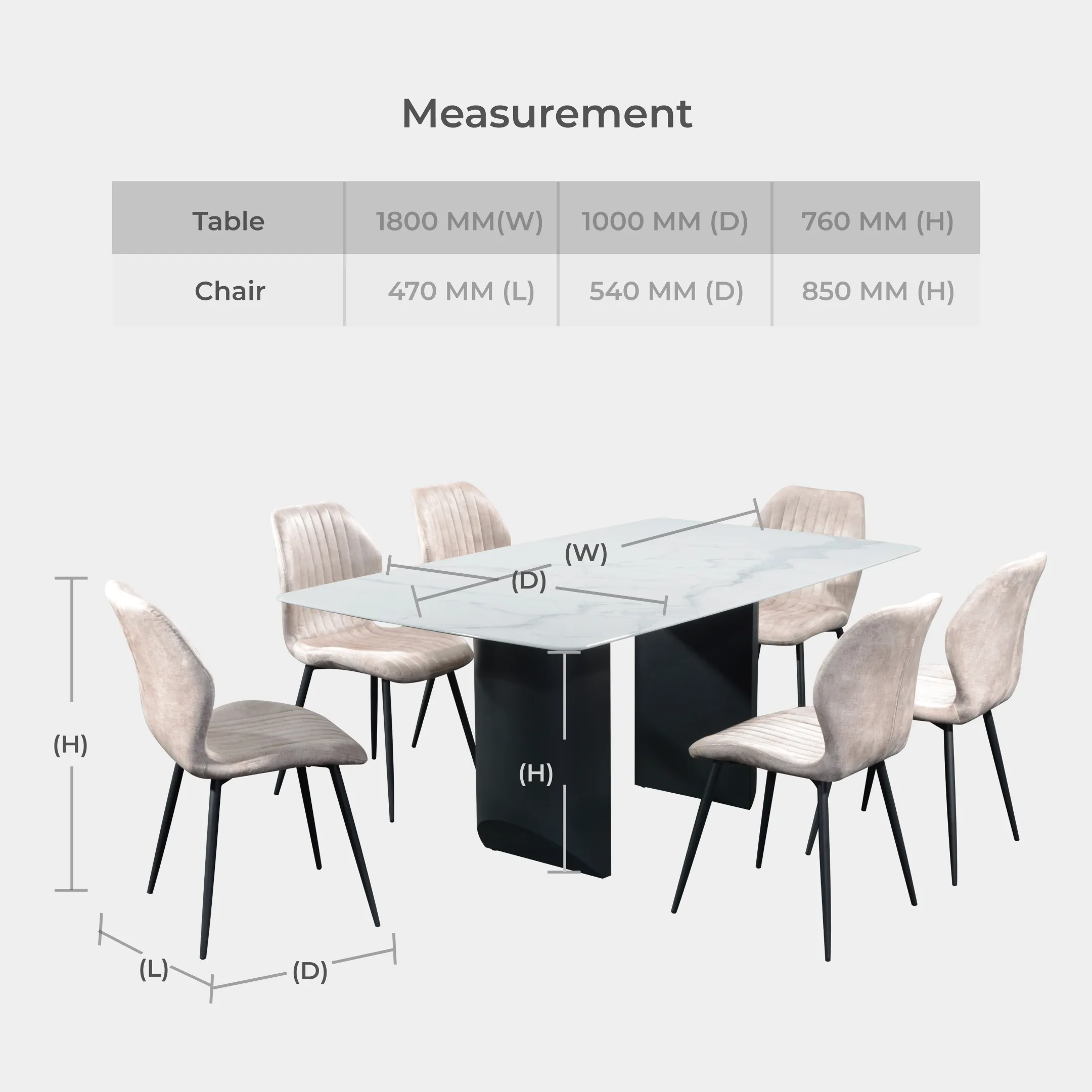 Goodnite (1+6) Marble Dining Set (1800mm), Nano Marble Table, Metal Leg, Fabric Chair