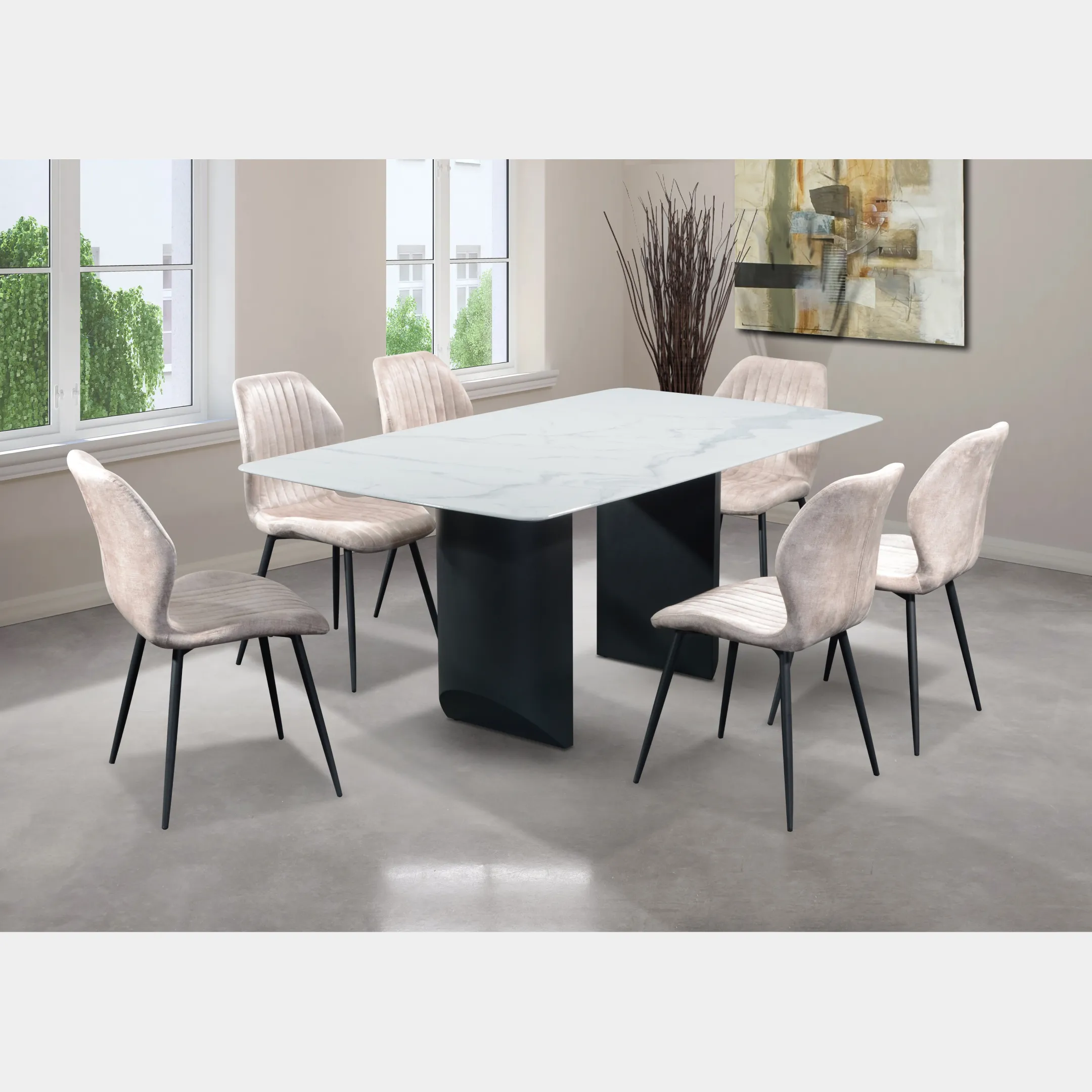 Goodnite (1+6) Marble Dining Set (1800mm), Nano Marble Table, Metal Leg, Fabric Chair