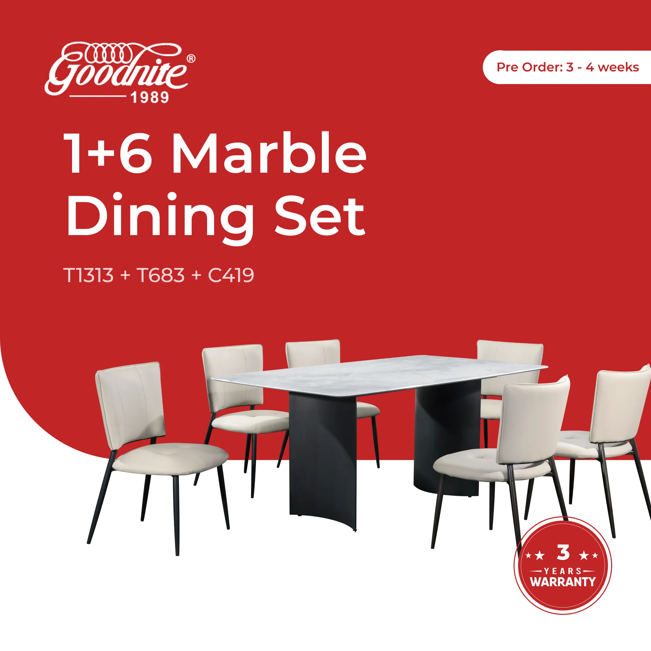 Goodnite (1+6) Marble Dining Set (1800mm), Nano Marble Table, Metal Leg, PU Chair