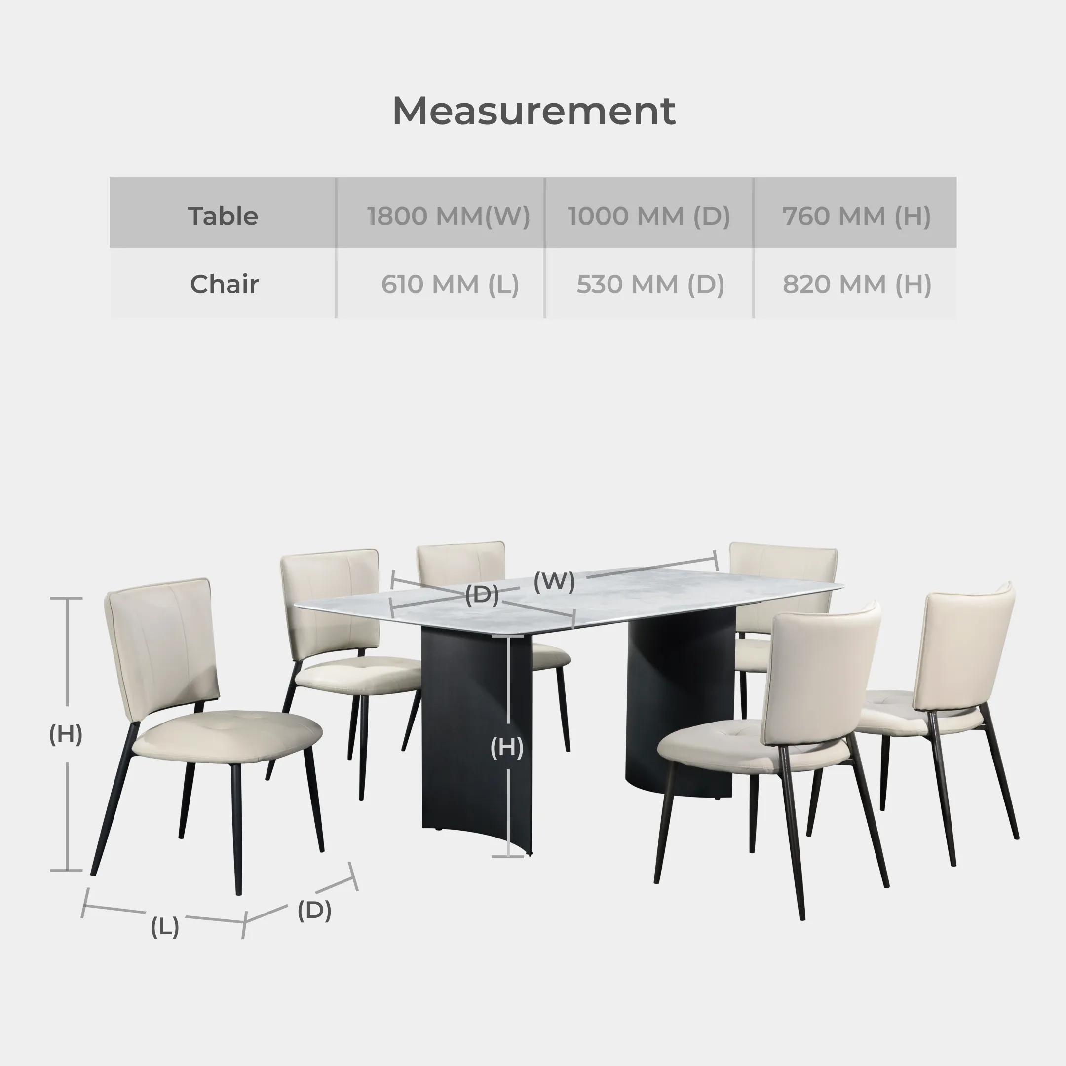 Goodnite (1+6) Marble Dining Set (1800mm), Nano Marble Table, Metal Leg, PU Chair