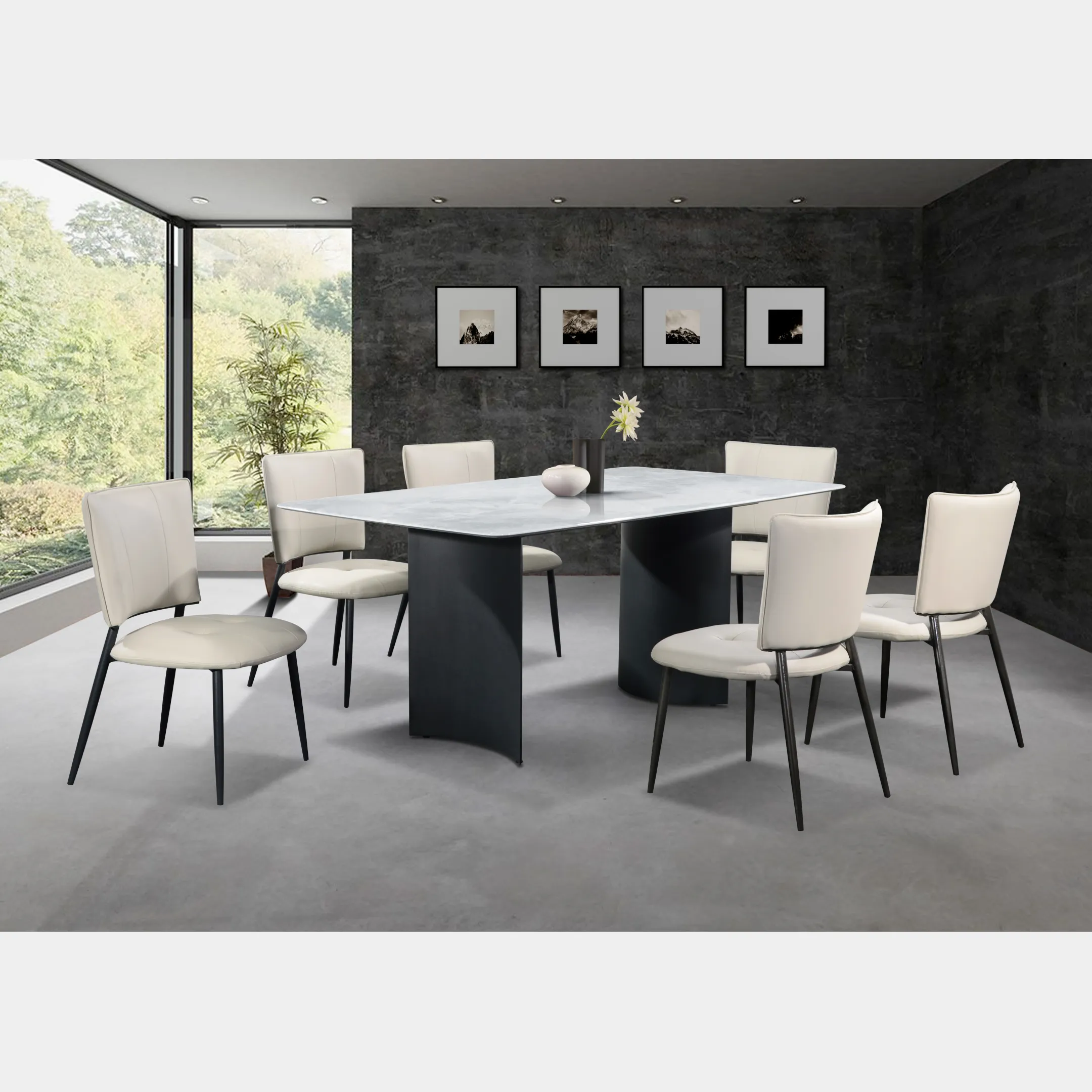 Goodnite (1+6) Marble Dining Set (1800mm), Nano Marble Table, Metal Leg, PU Chair
