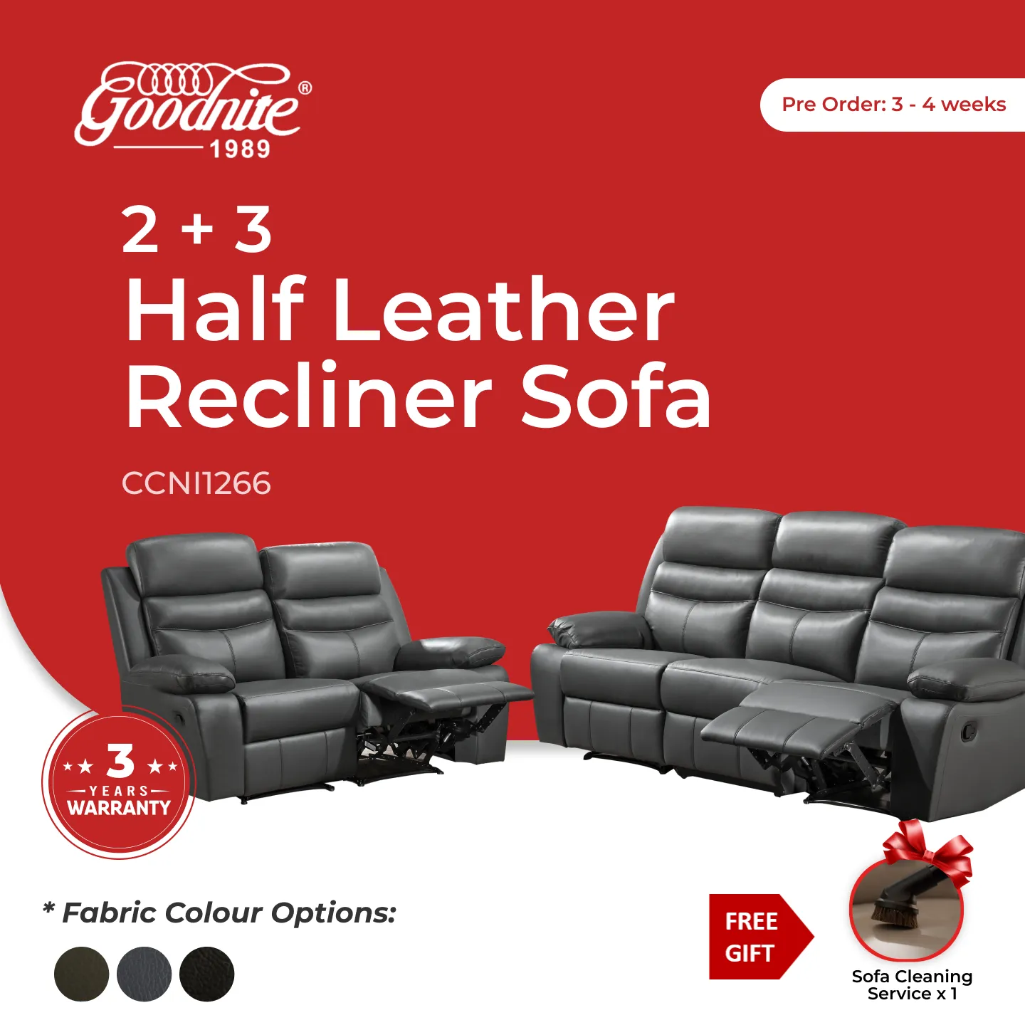 Goodnite Half Leather Recliner Sofa (CCNI 1266), 1 Seater Recliner/ 2 Seater Recliner/ 3 Seater Recliner/ 2+3 Seater Recliner, 3 Years Warranty