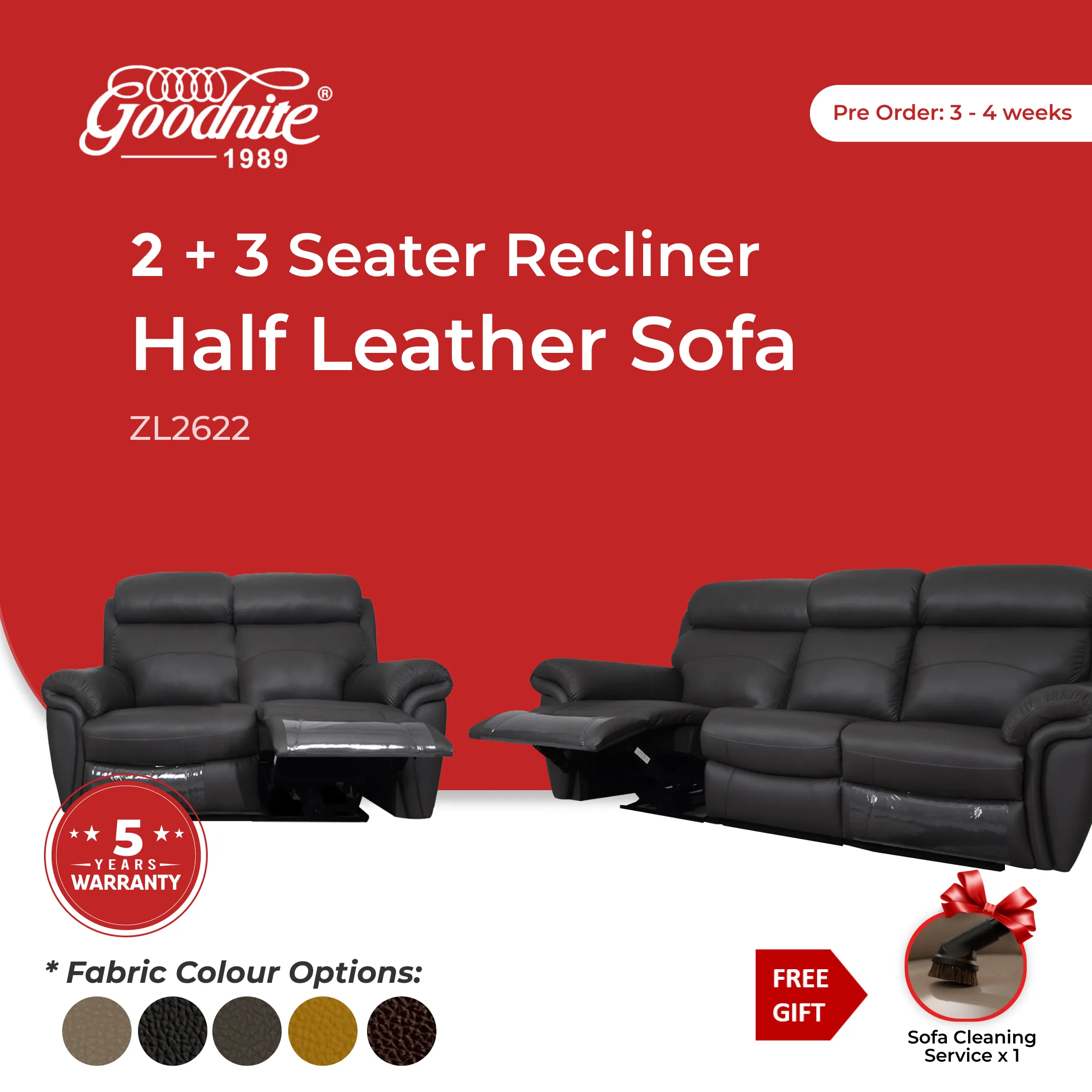 Goodnite Half Leather Sofa (ZL2622), 1 Seater Recliner/ 2 Seater Recliner/ 3 Seater Recliner/ 2+3 Seater Recliner, 5 Years Warranty