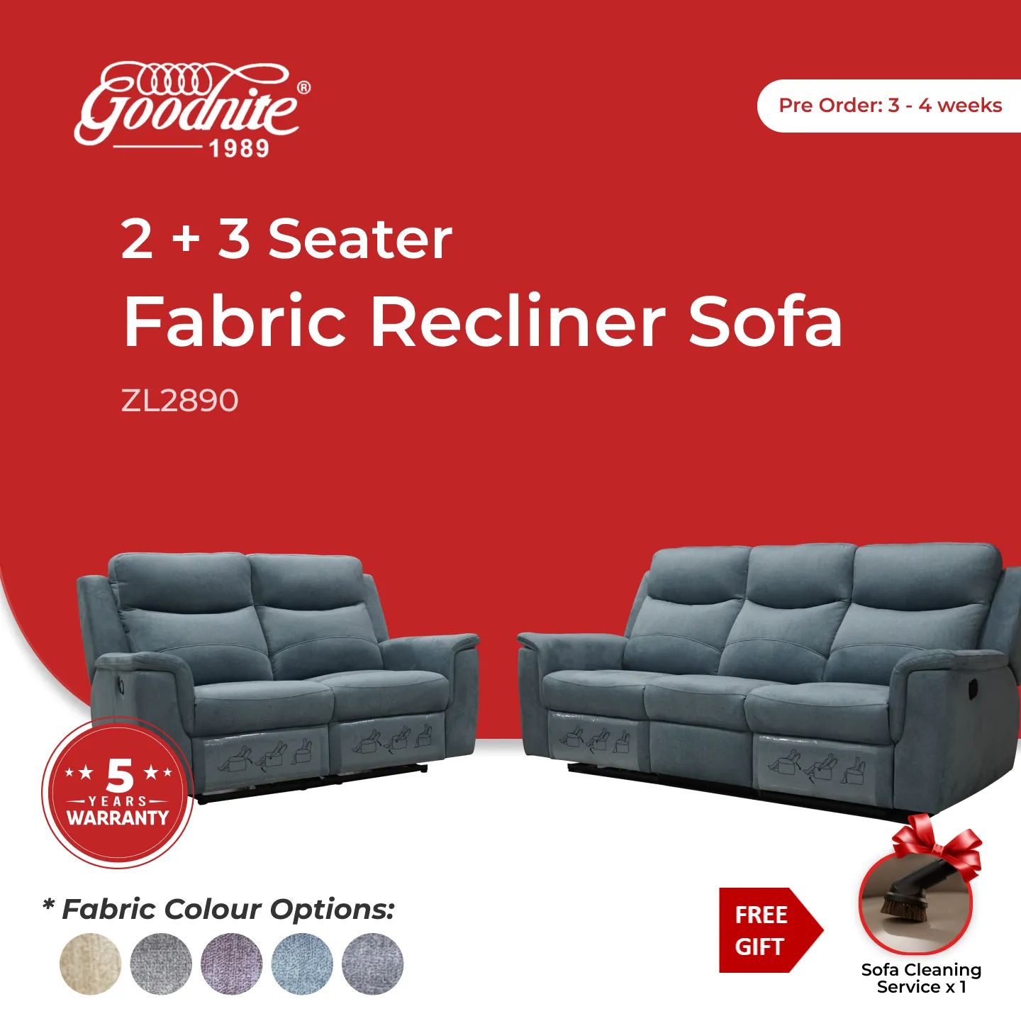 Goodnite Fabric Recliner Sofa (ZL2890), 1 Seater Recliner/ 2 Seater Recliner/ 3 Seater Recliner/ 2RR+3RR Seater, 5 Years Warranty