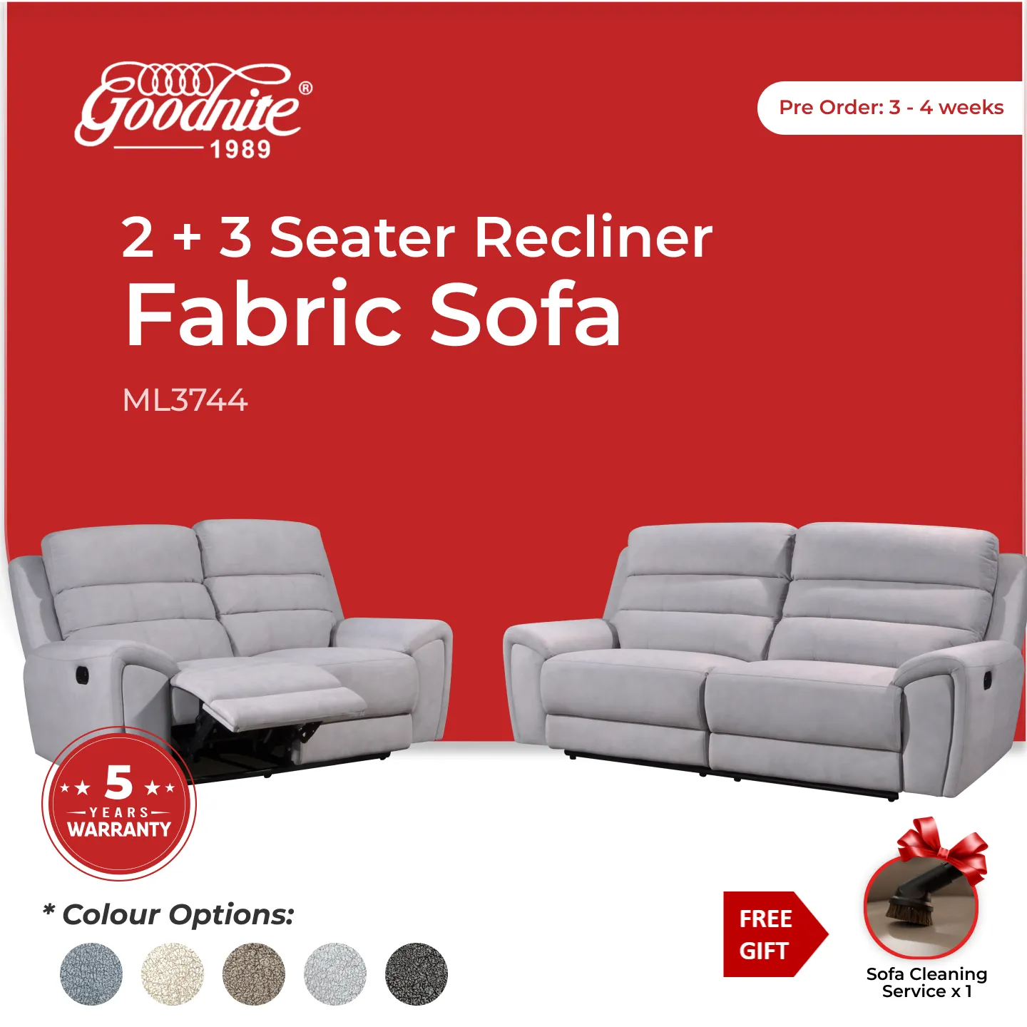 Goodnite Fabric Recliner Sofa (ML3744), 1 Seater Recliner/ 2 Seater Recliner/ 3 Seater Recliner/ 2RR+3RR Seater, 5 Years Warranty