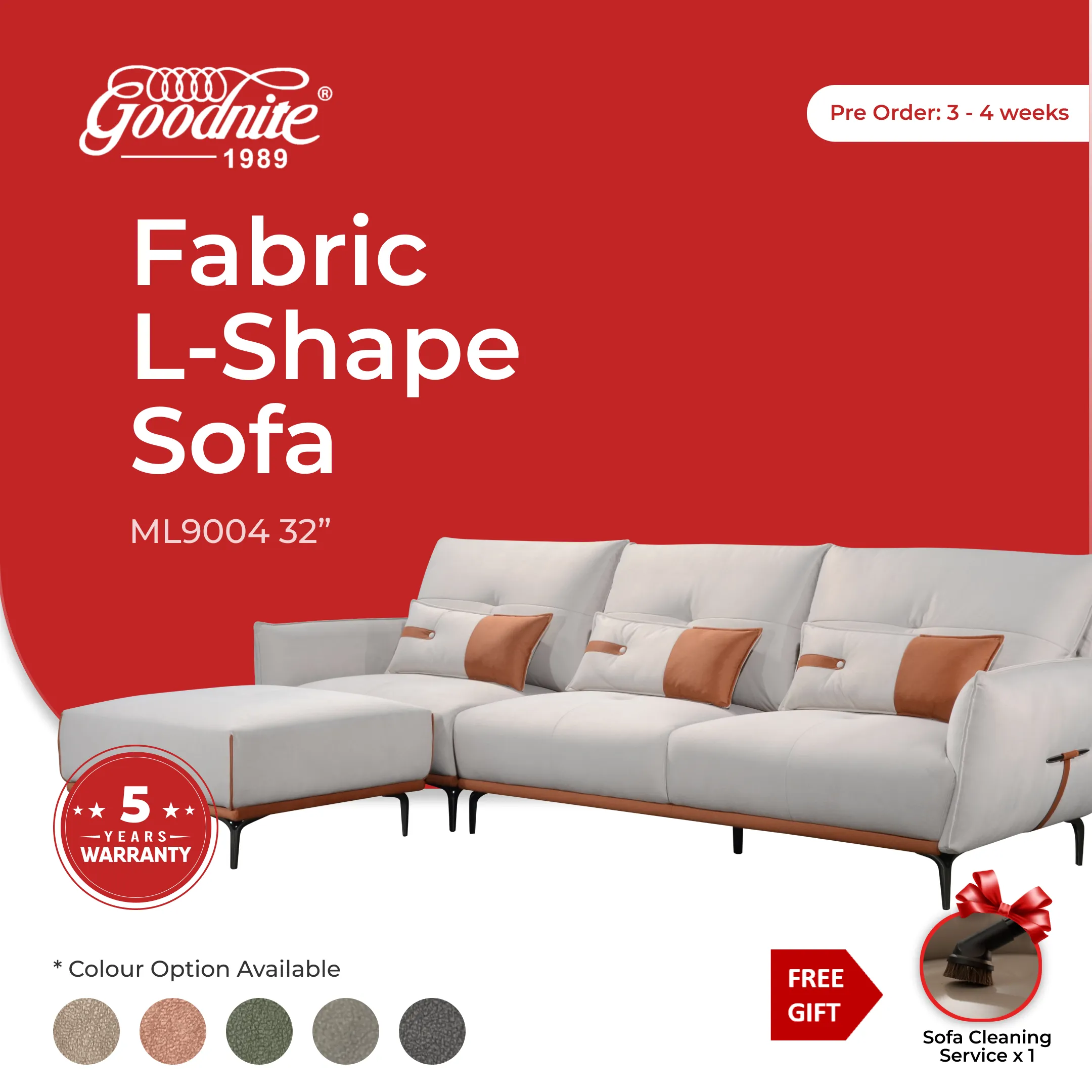 Goodnite Fabric L-Shape Sofa (ML9004), 5 Years Warranty