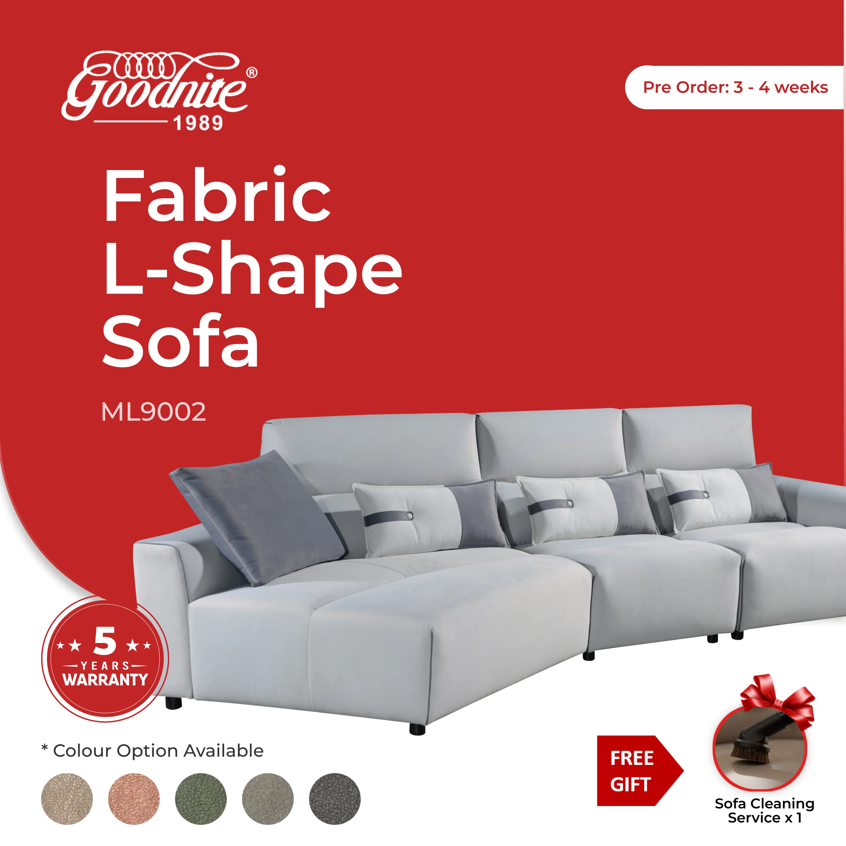 Goodnite Fabric L-Shape Sofa (ML9002), 5 Years Warranty