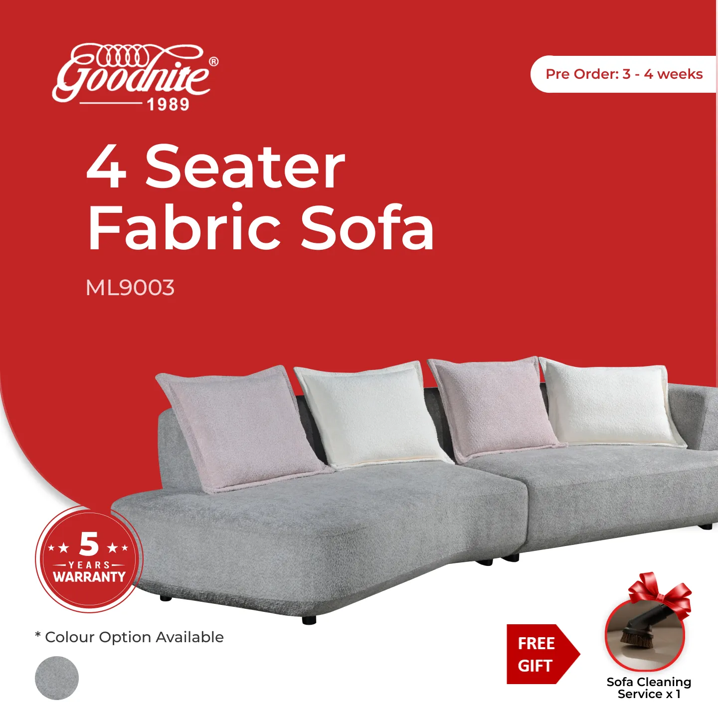 Goodnite 4 Seater Fabric Sofa (ML9003), 5 Years Warranty