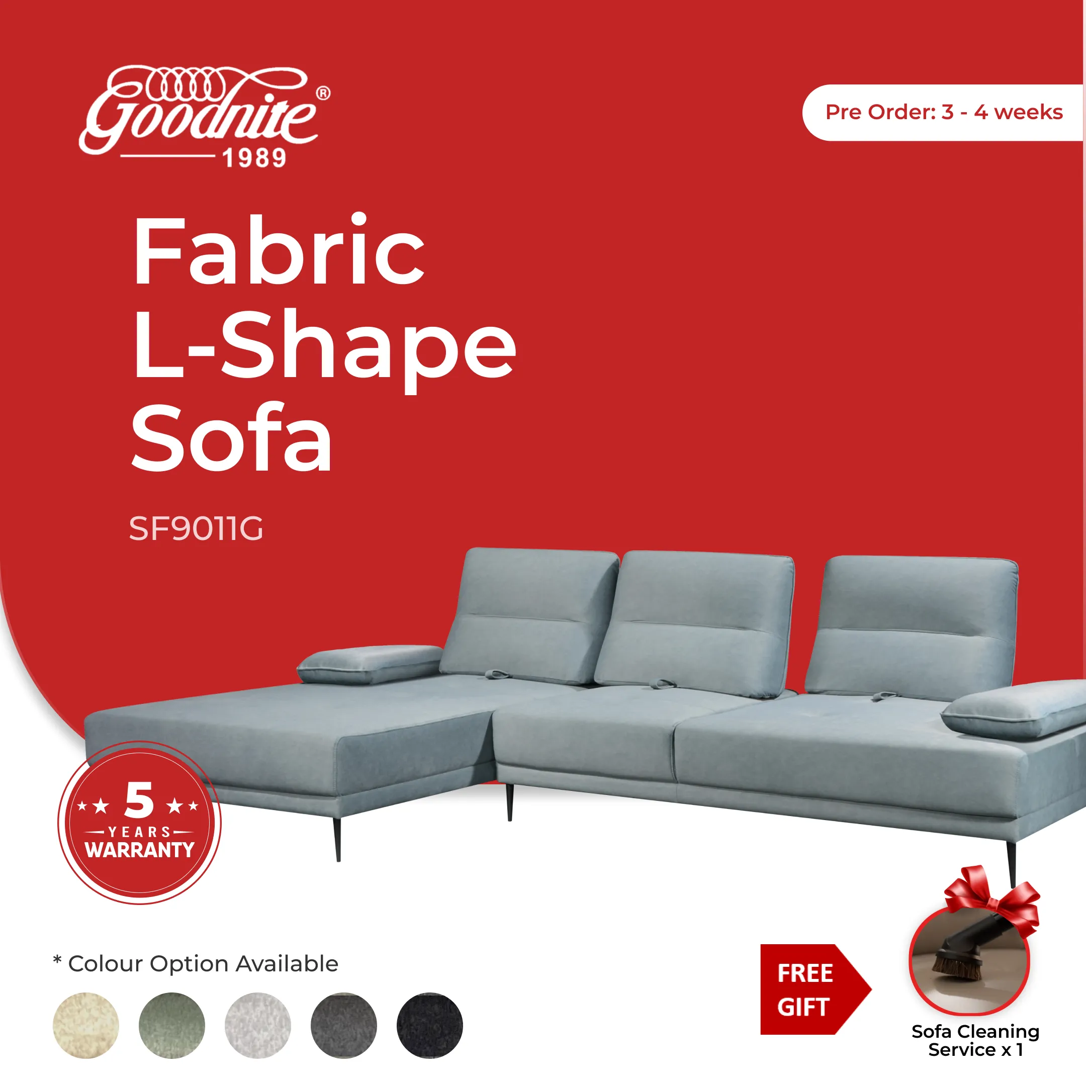Goodnite Fabric L-Shape Sofa (SF9011G), 5 Years Warranty