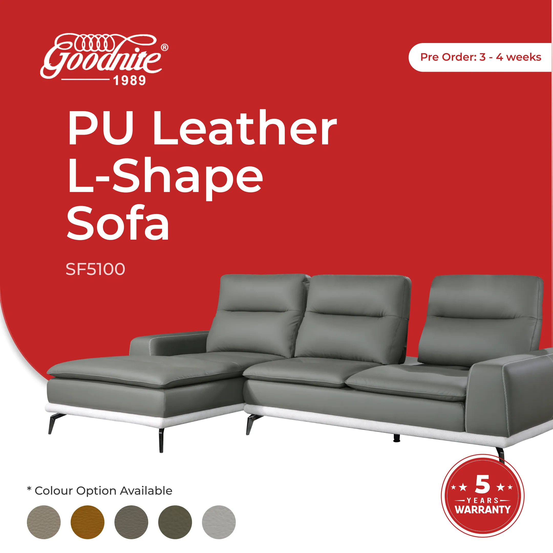 Goodnite PU Leather L-Shape Sofa (SF5100), 5 Years Warranty