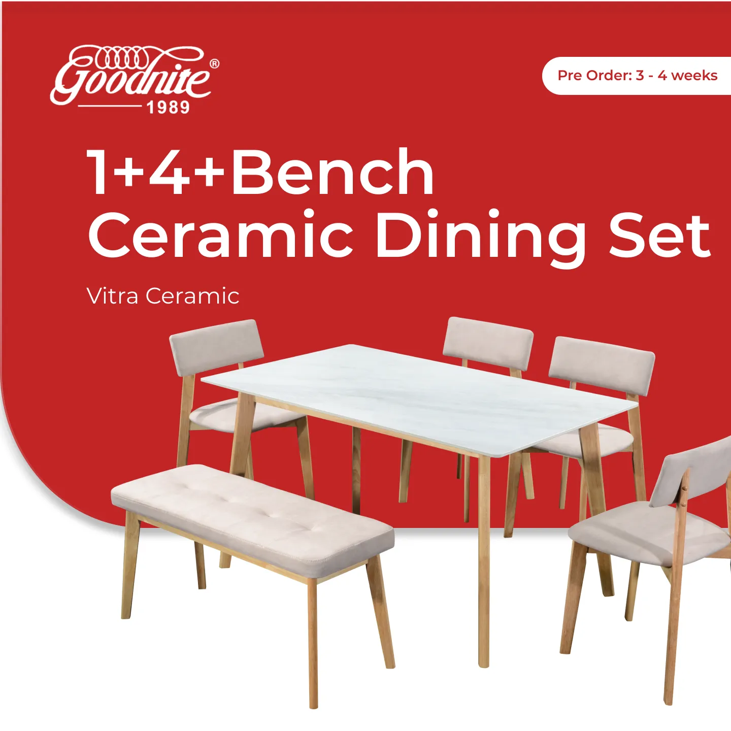 Goodnite (1+4+Bench) Ceramic Dining Set, Ceramic Top, Wooden Leg, Fabric Chair