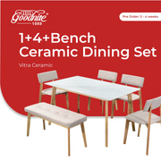 Goodnite (1+4+Bench) Ceramic Dining Set, Ceramic Top, Wooden Leg, Fabric Chair