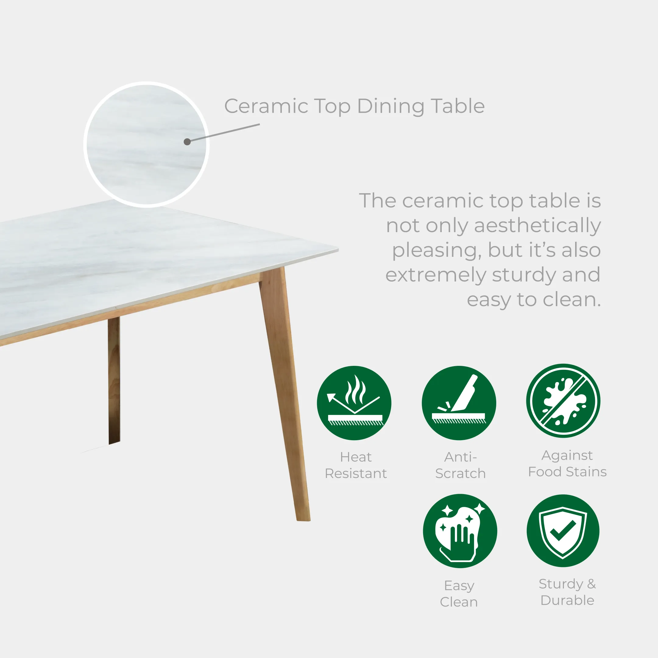 Goodnite (1+4+Bench) Ceramic Dining Set, Ceramic Top, Wooden Leg, Fabric Chair