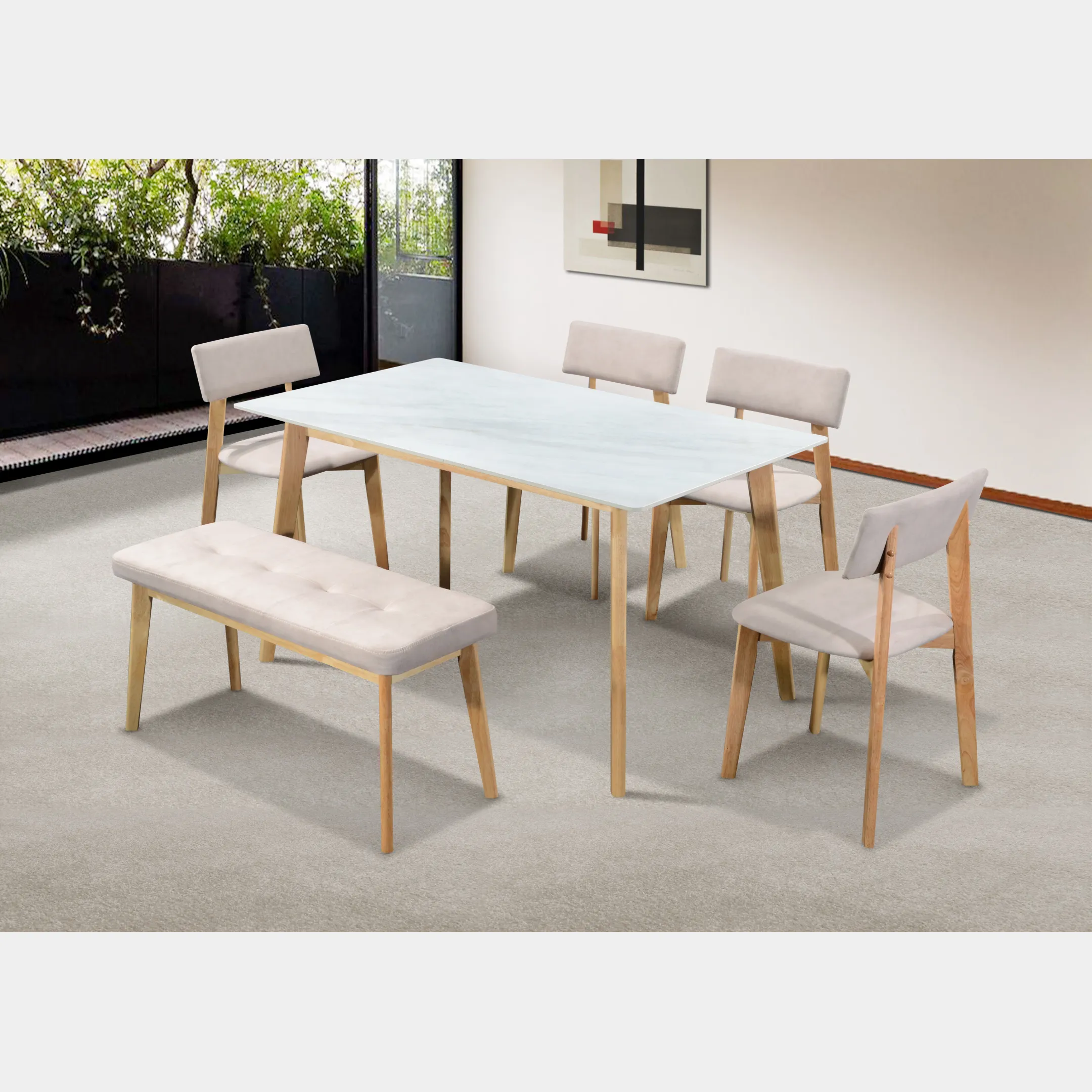 Goodnite (1+4+Bench) Ceramic Dining Set, Ceramic Top, Wooden Leg, Fabric Chair
