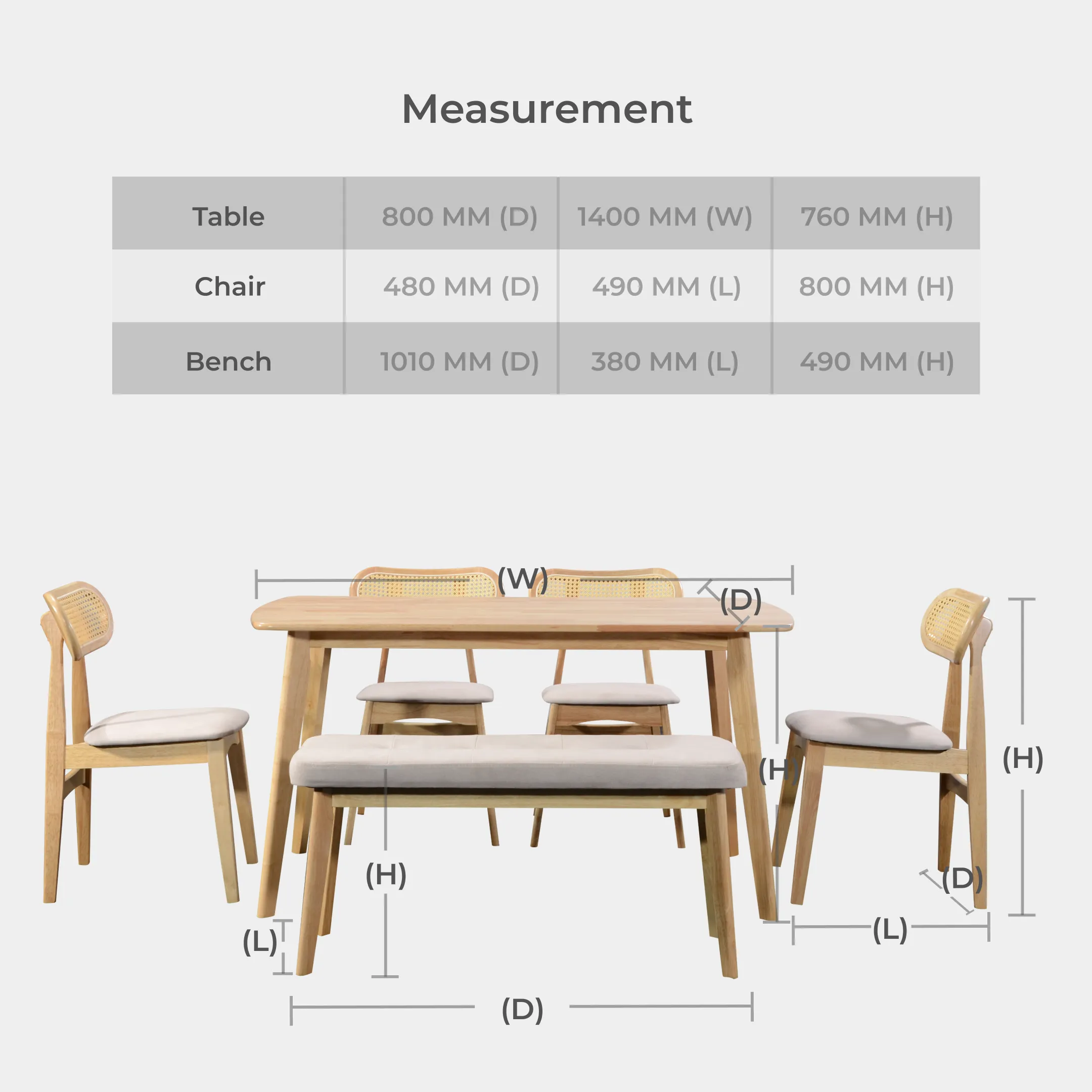 Goodnite (1+4+Bench) Glassic Solid Rubber Wood Dining Set