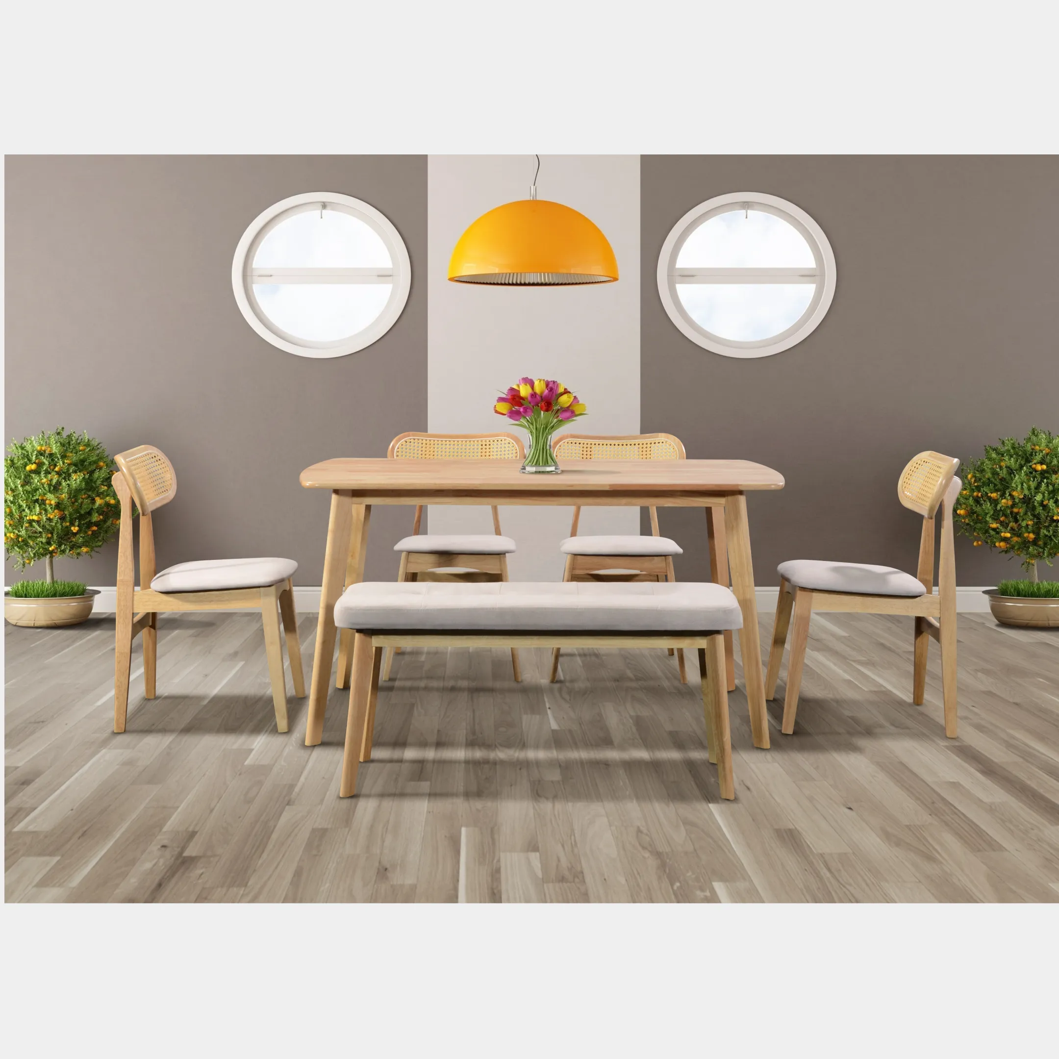Goodnite (1+4+Bench) Glassic Solid Rubber Wood Dining Set