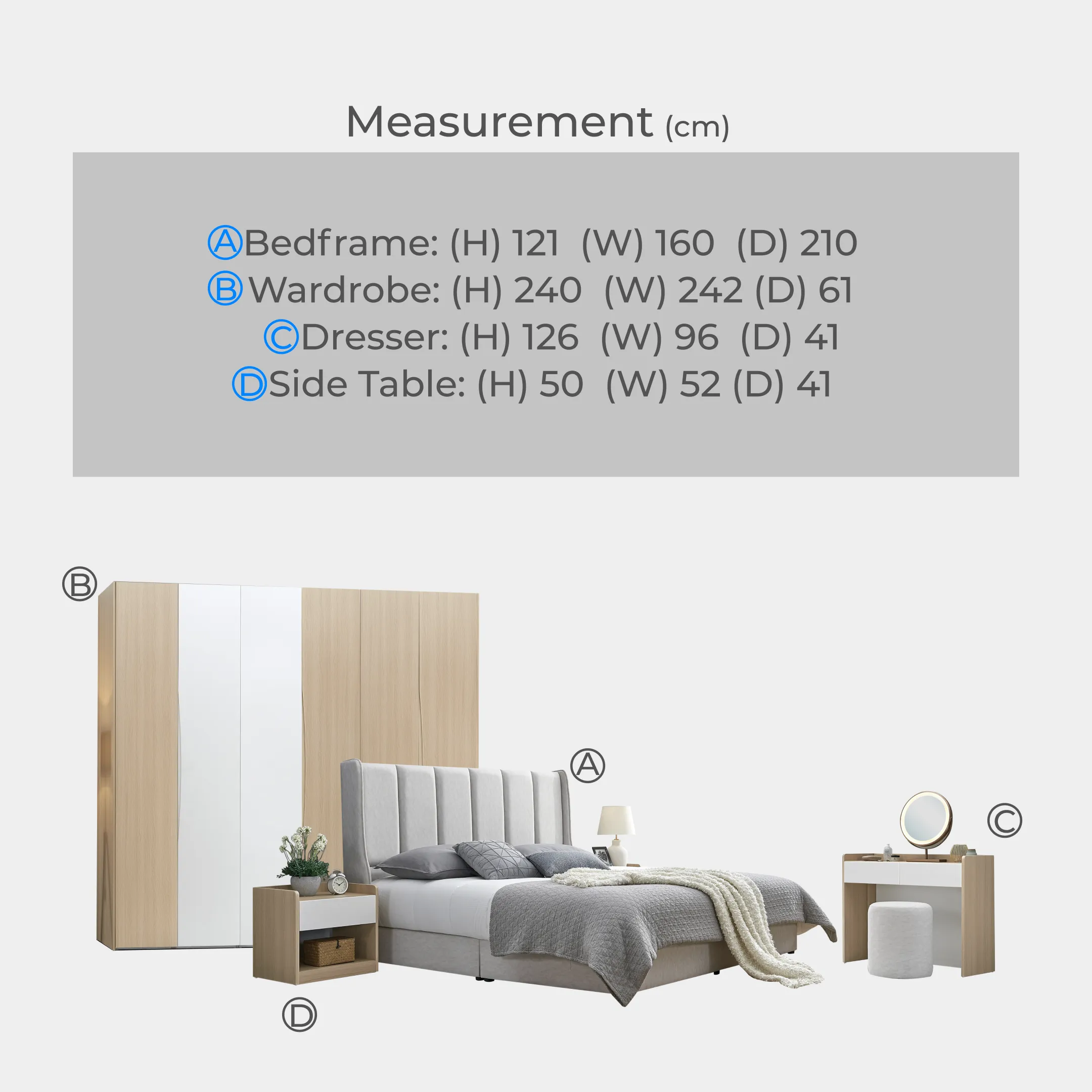 Goodnite Queen/ King Bedroom Set, Bedframe + Wardrobe + Dresser + Side Table (Cedar)