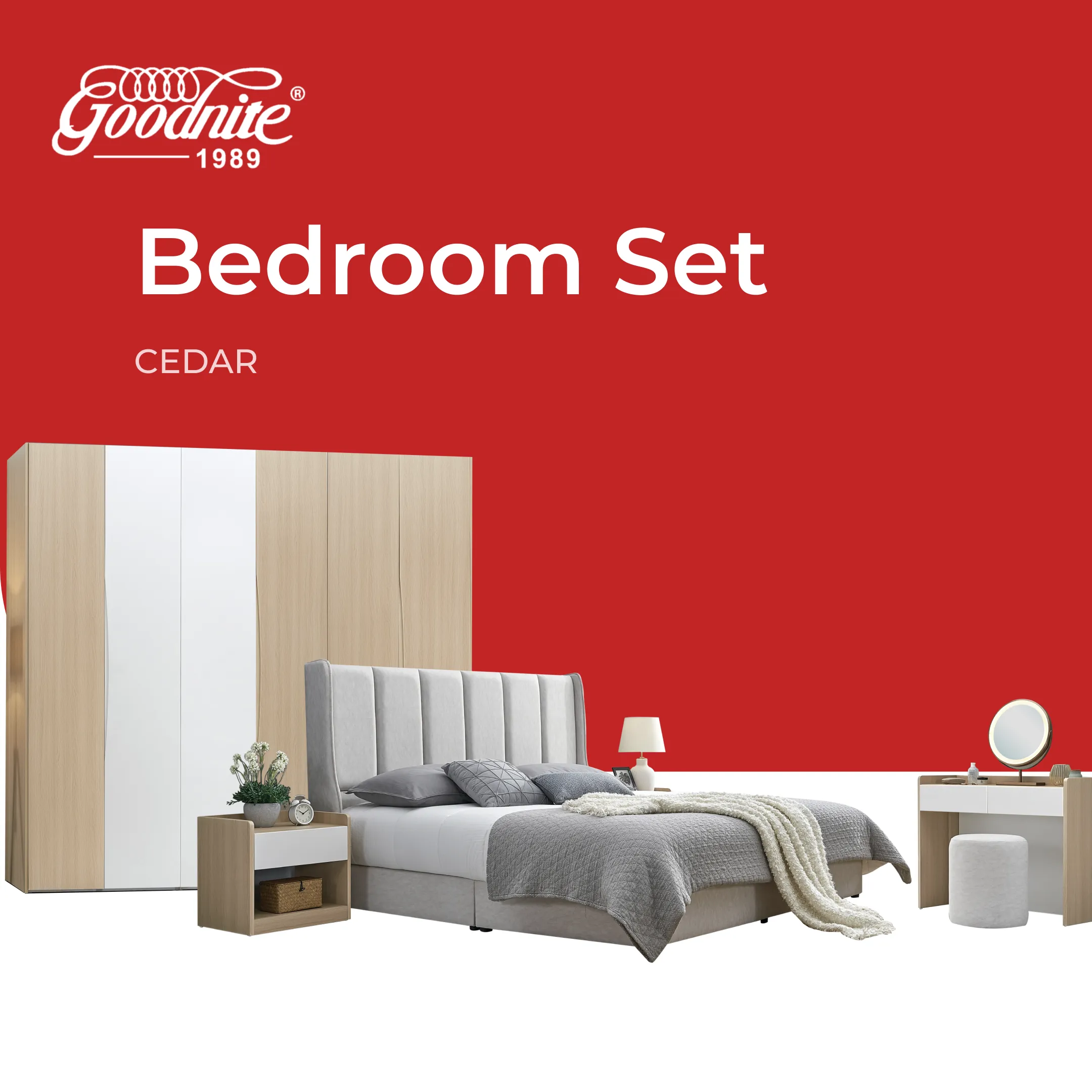 Goodnite Queen/ King Bedroom Set, Bedframe + Wardrobe + Dresser + Side Table (Cedar)