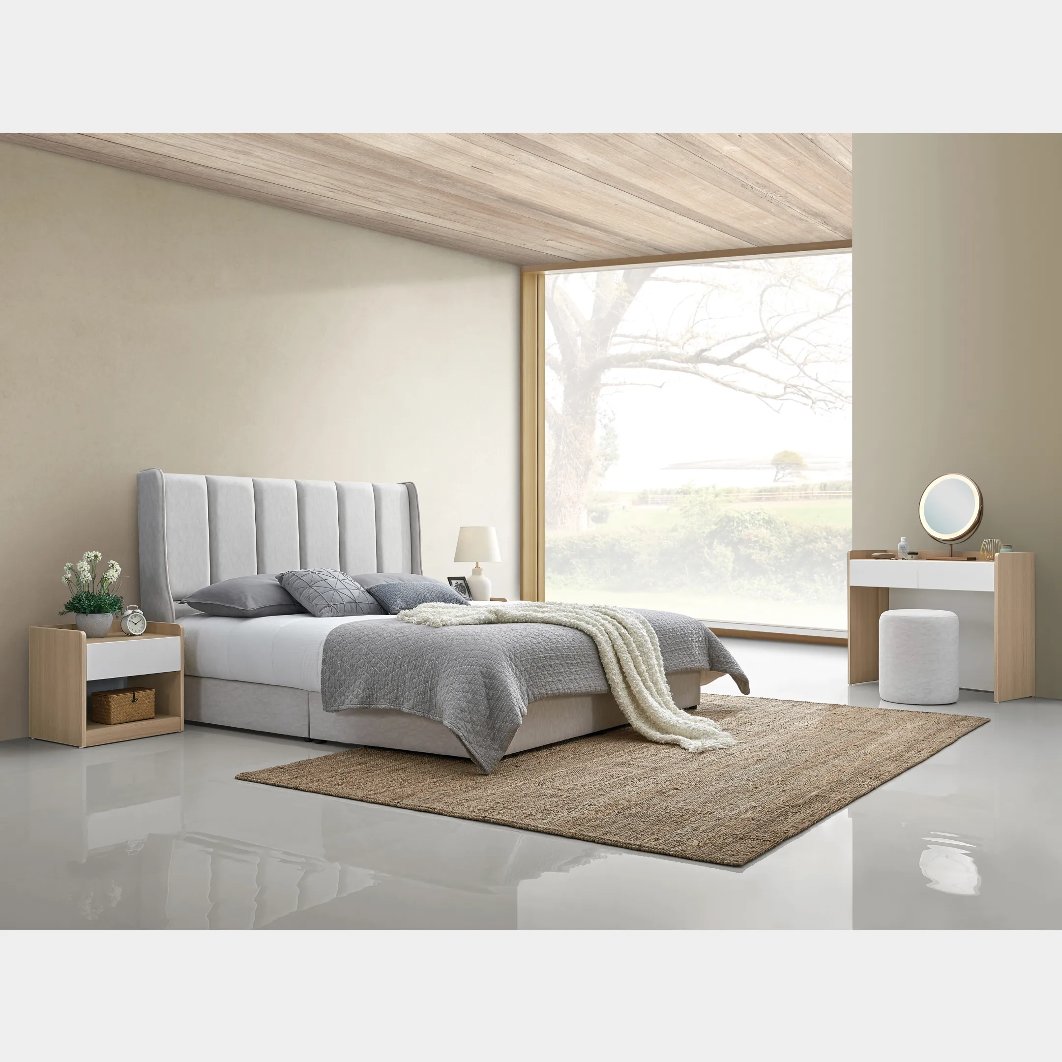 Goodnite Queen/ King Bedroom Set, Bedframe + Wardrobe + Dresser + Side Table (Cedar)