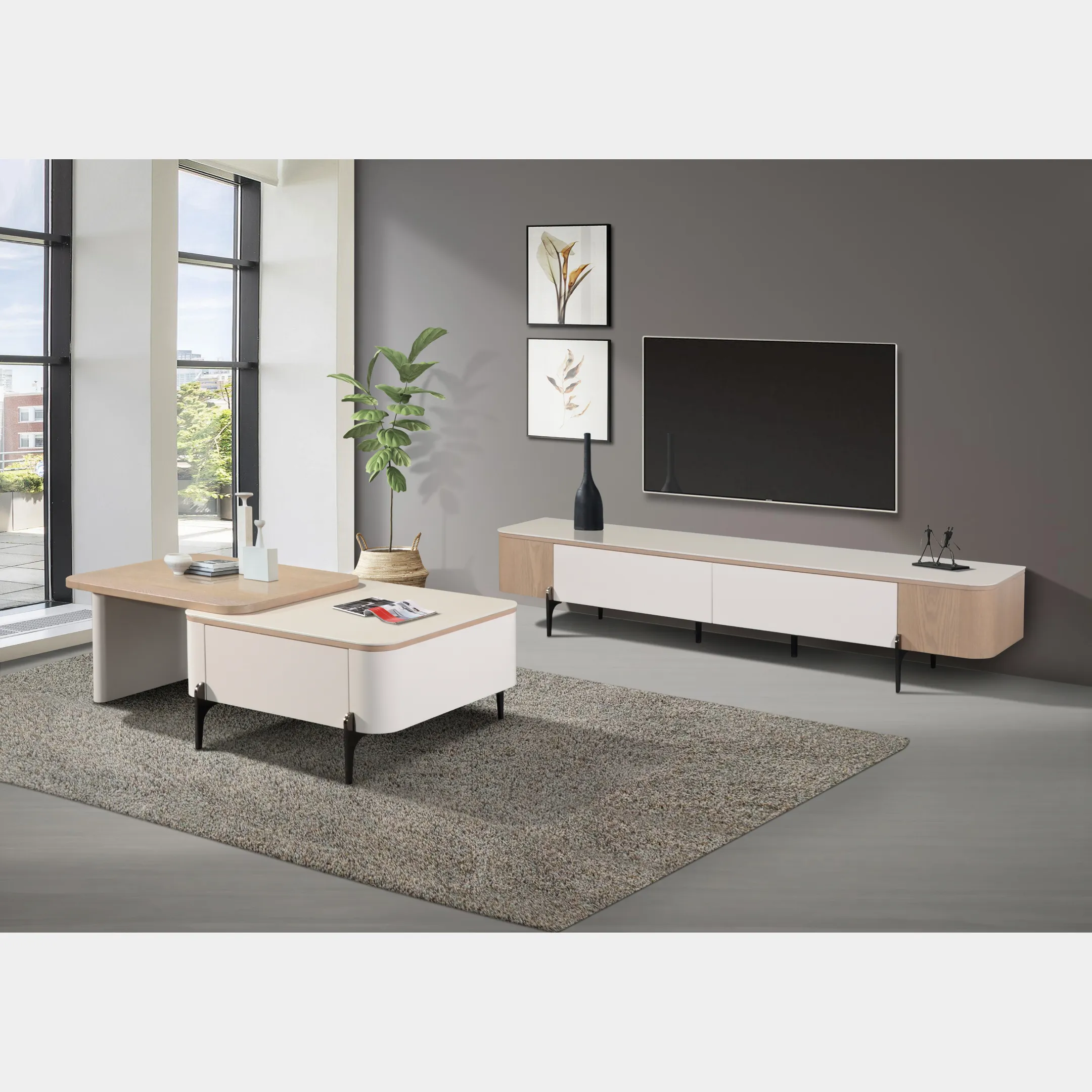Goodnite Ceramic Top TV Cabinet with Ceramic + Wooden Top Coffee Table