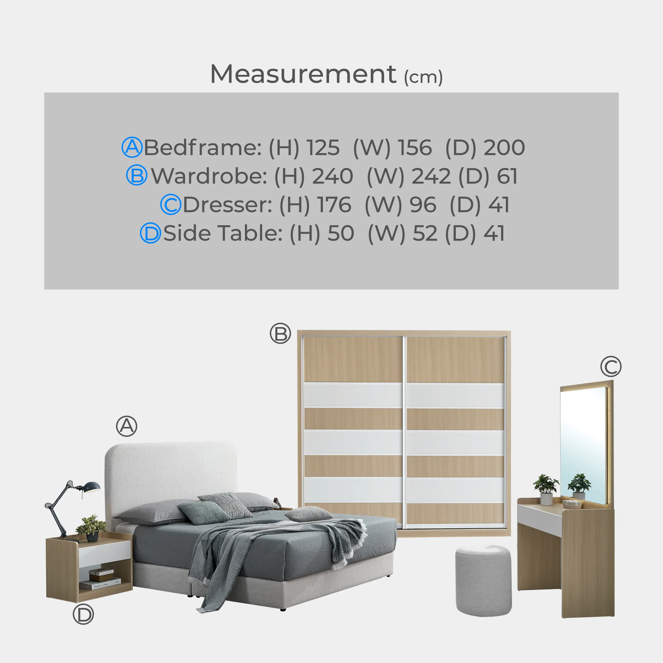 Goodnite Queen/ King Bedroom Set, Bedframe + Wardrobe + Dresser + Side Table (Pine)
