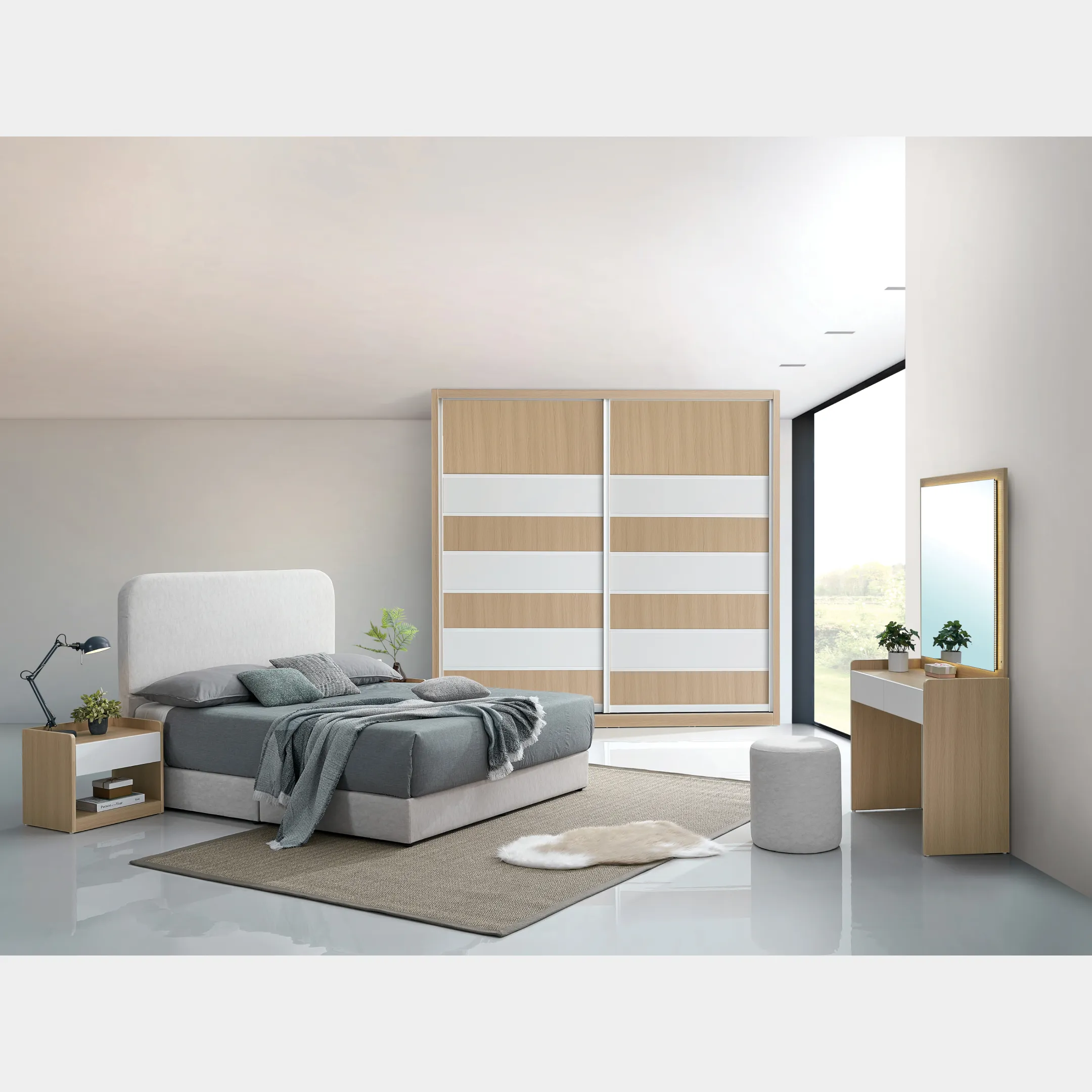 Goodnite Queen/ King Bedroom Set, Bedframe + Wardrobe + Dresser + Side Table (Pine)