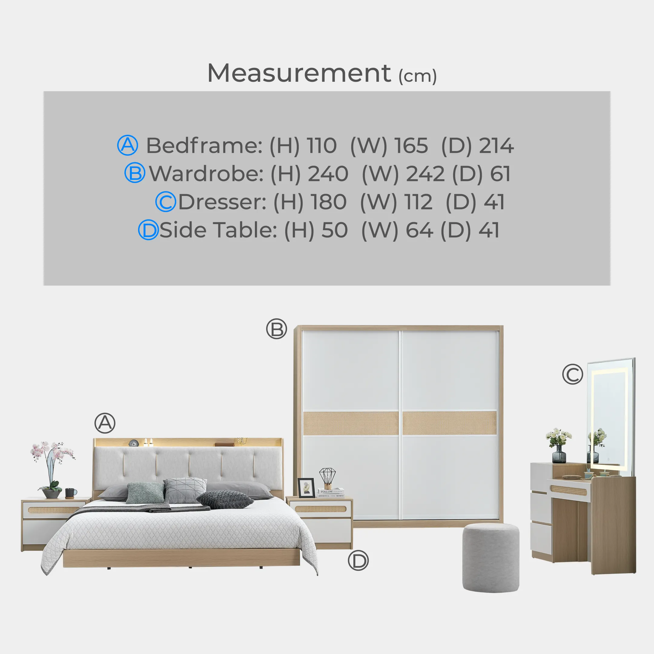 Goodnite Queen/ King Bedroom Set, Bedframe + Wardrobe + Dresser + Side Table (Kiri)