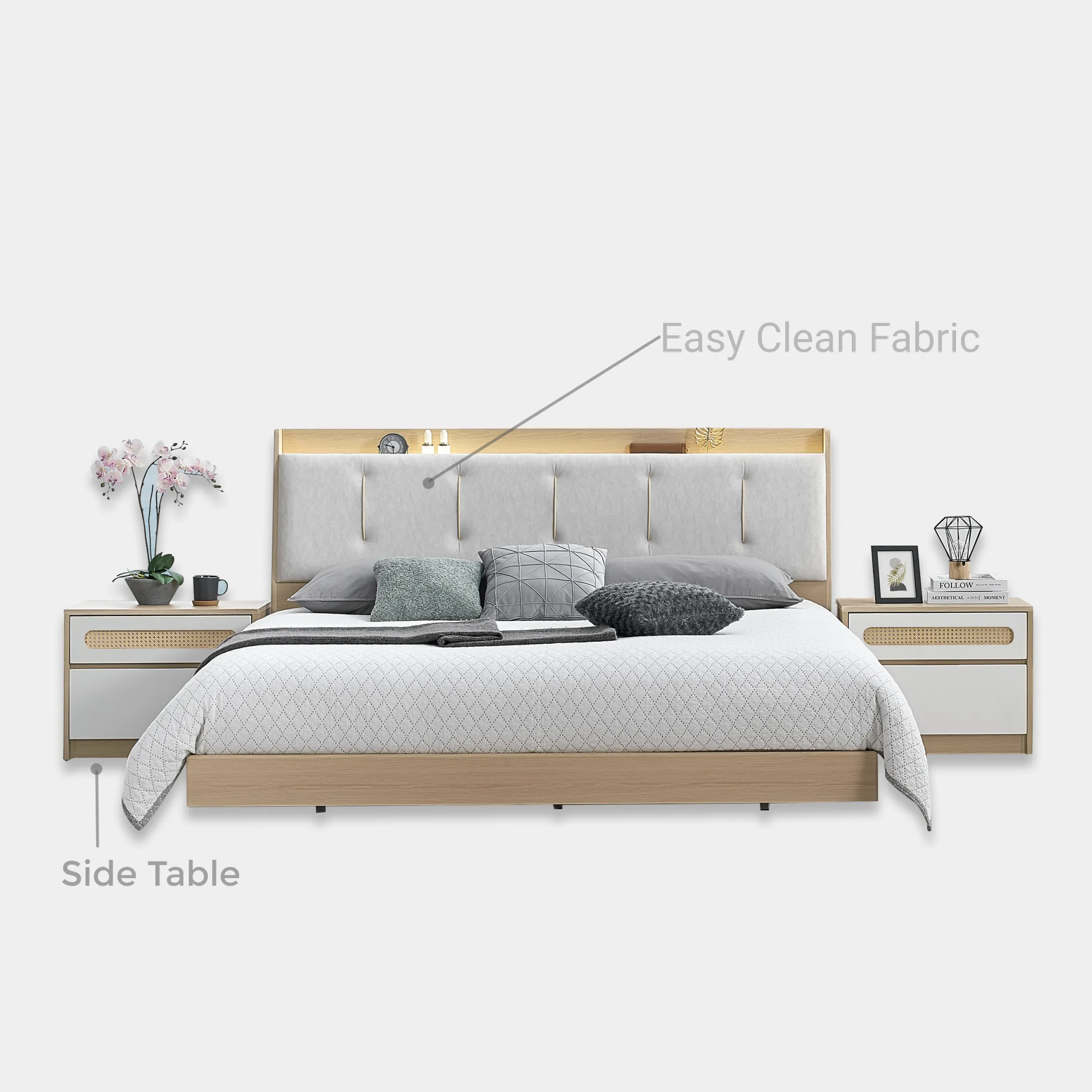 Goodnite Queen/ King Bedroom Set, Bedframe + Wardrobe + Dresser + Side Table (Kiri)