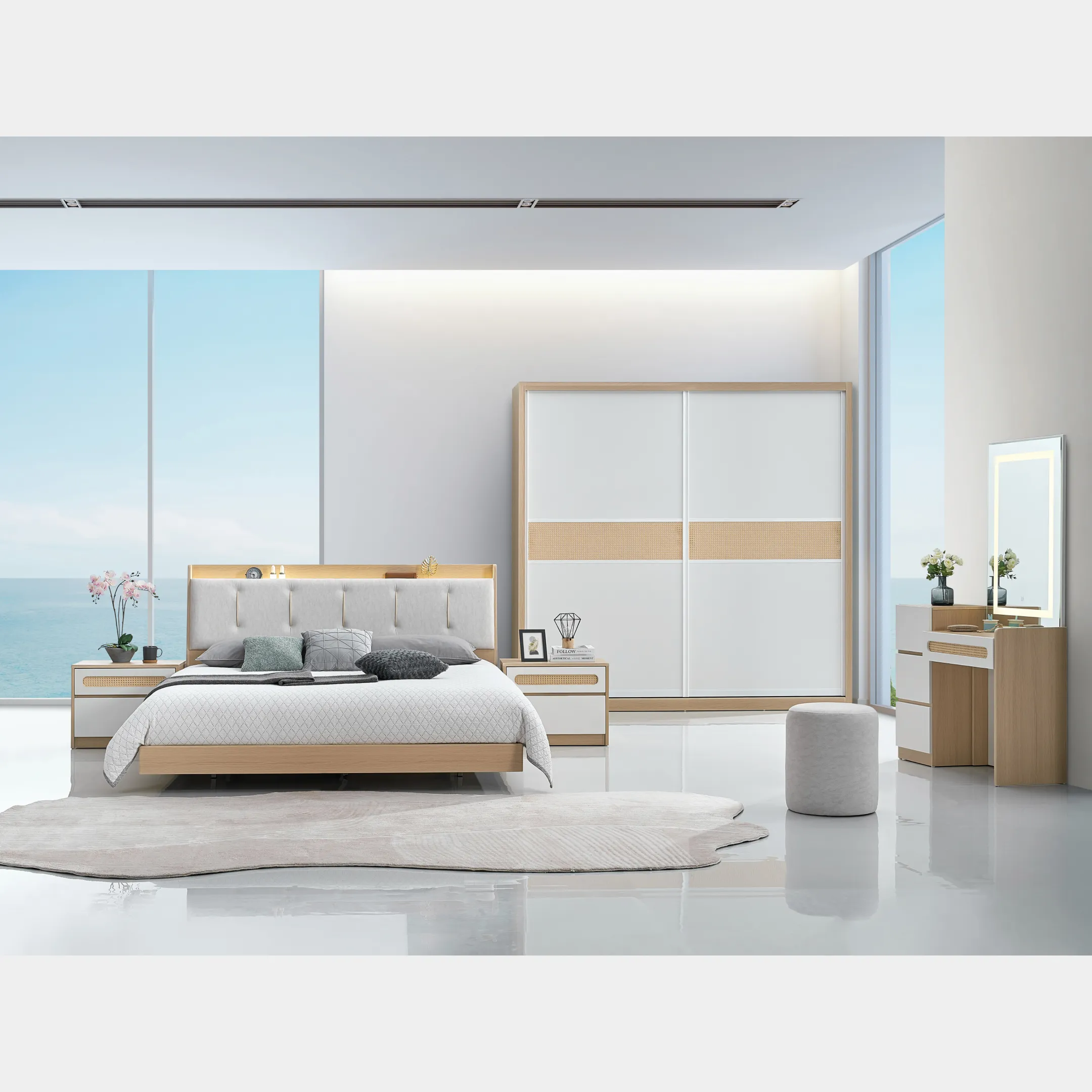 Goodnite Queen/ King Bedroom Set, Bedframe + Wardrobe + Dresser + Side Table (Kiri)