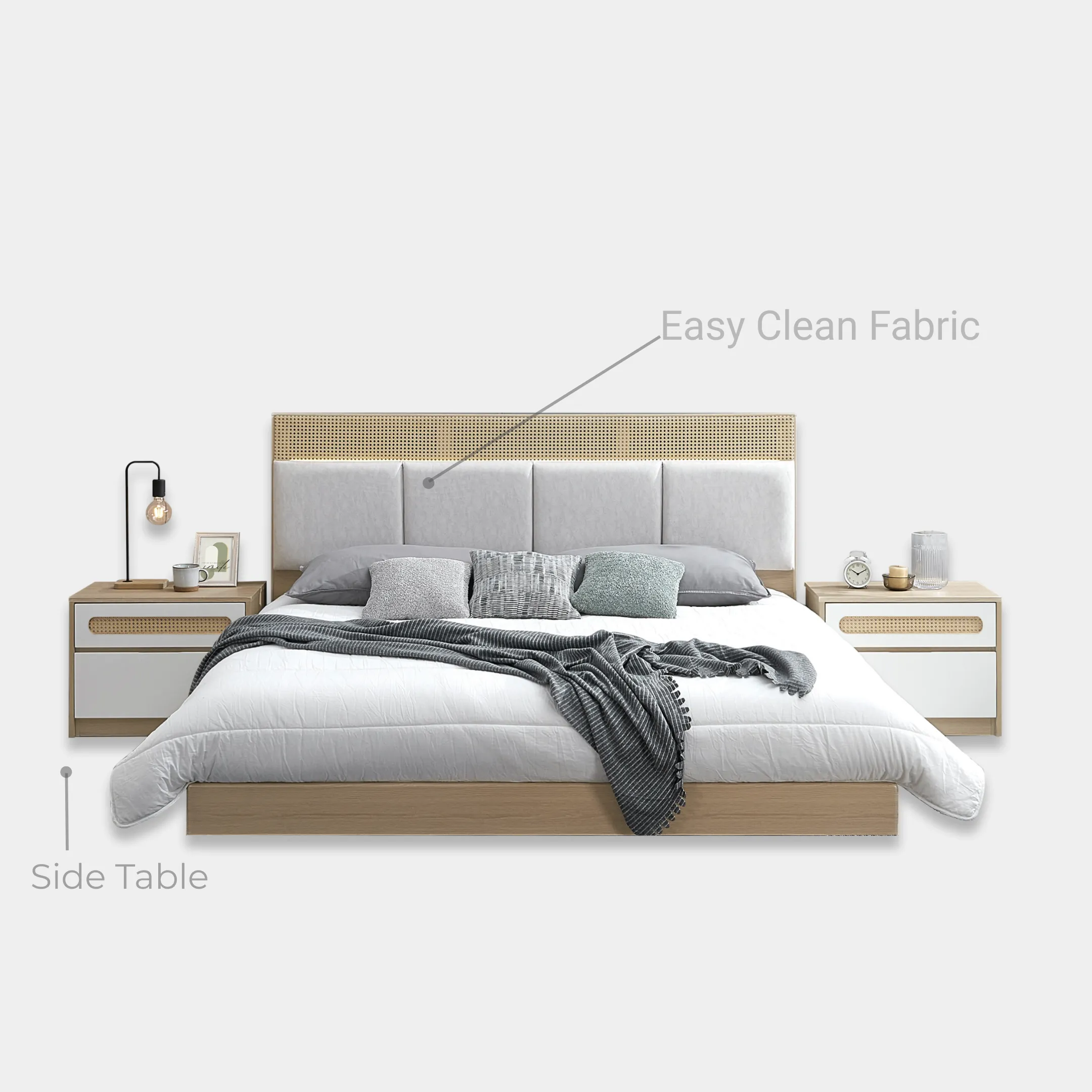 Goodnite Queen/ King Bedroom Set, Bedframe + Wardrobe + Dresser + Side Table (Hinoki)