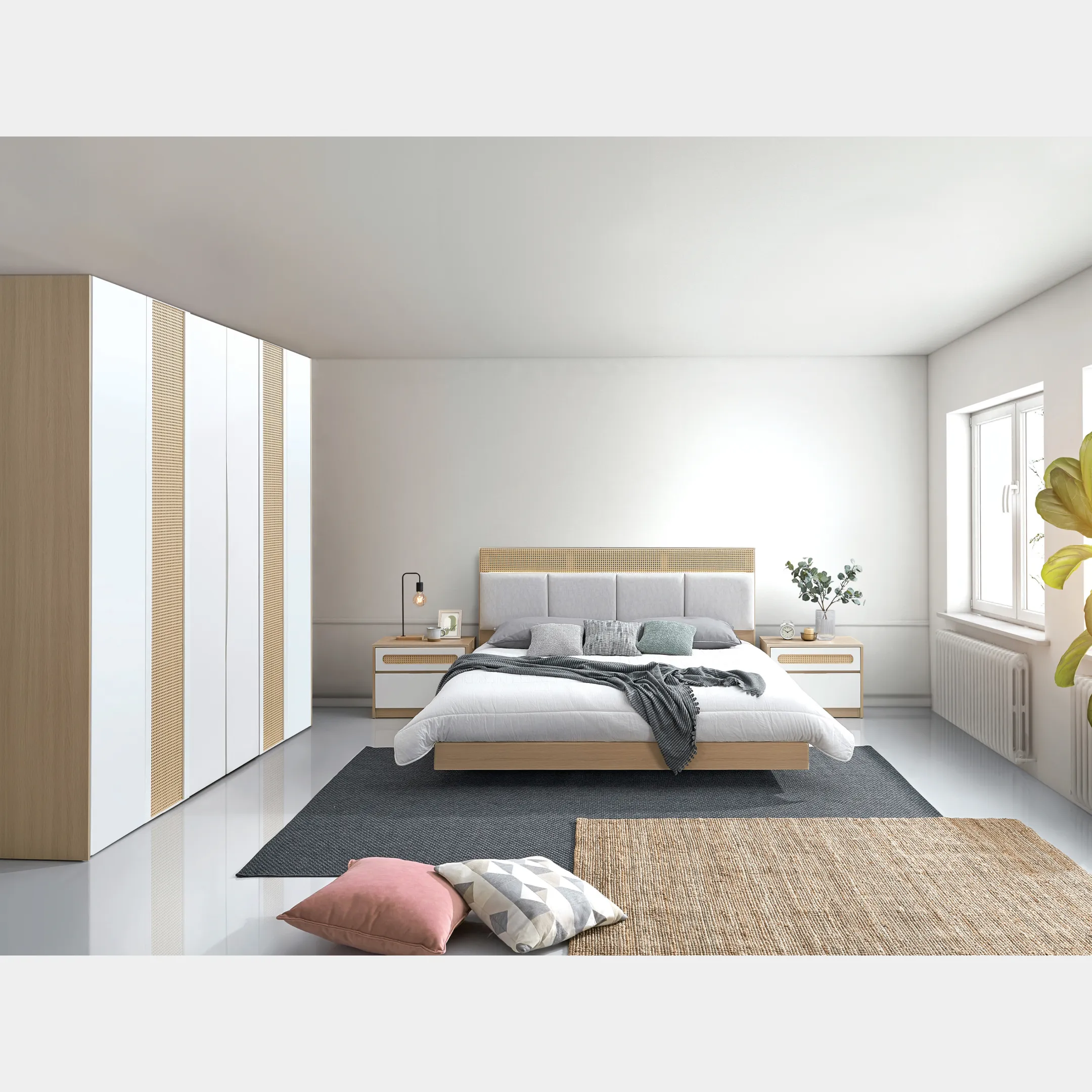 Goodnite Queen/ King Bedroom Set, Bedframe + Wardrobe + Dresser + Side Table (Hinoki)