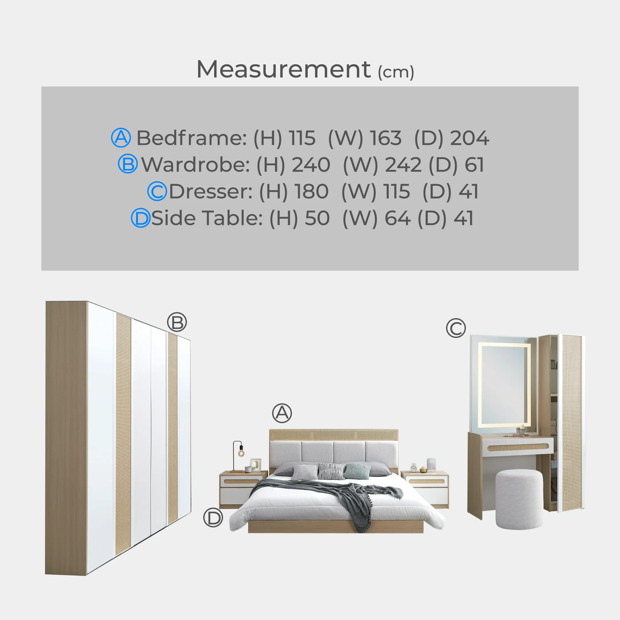Goodnite Queen/ King Bedroom Set, Bedframe + Wardrobe + Dresser + Side Table (Hinoki)