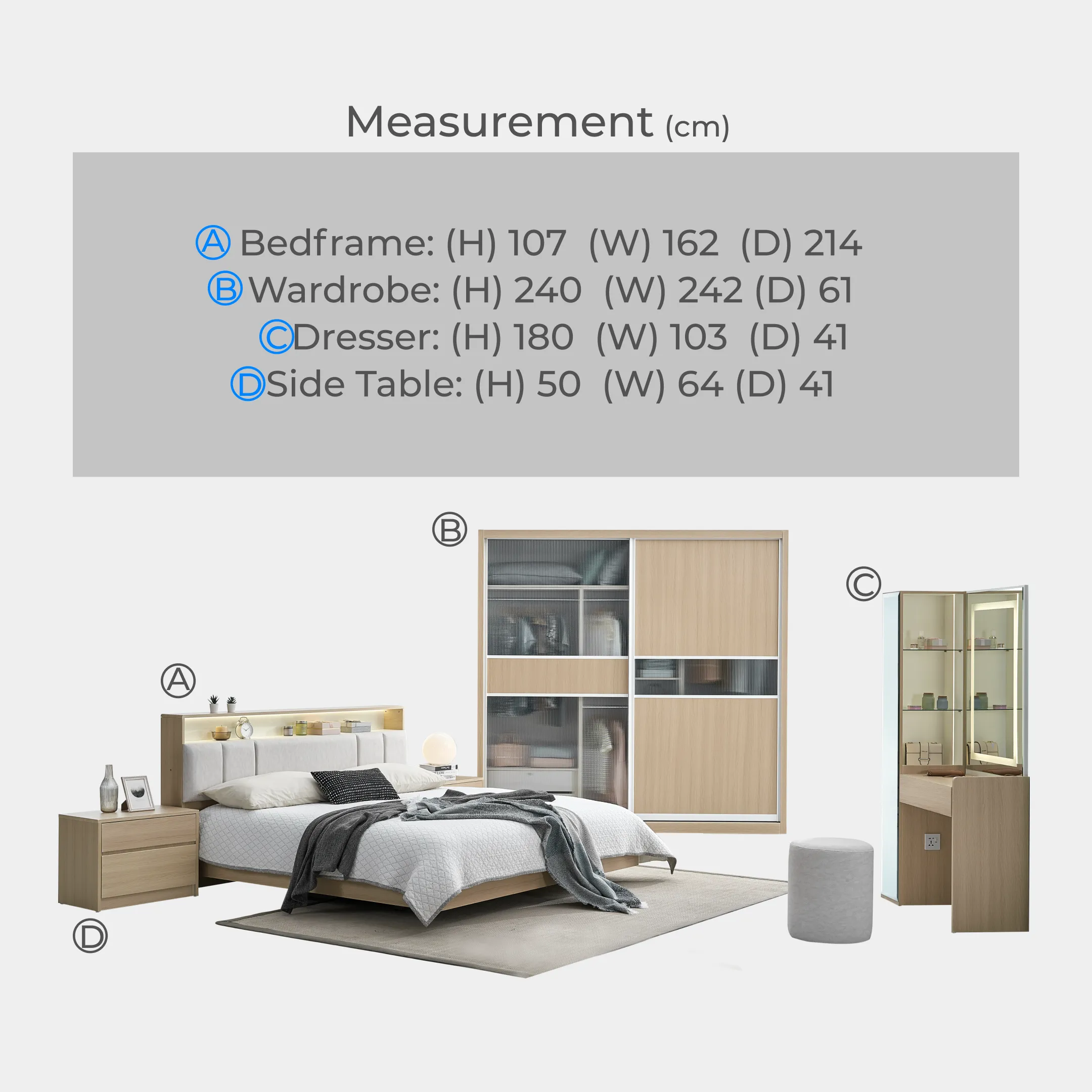 Goodnite Queen/ King Bedroom Set, Bedframe + Wardrobe + Dresser + Side Table (Sugi)