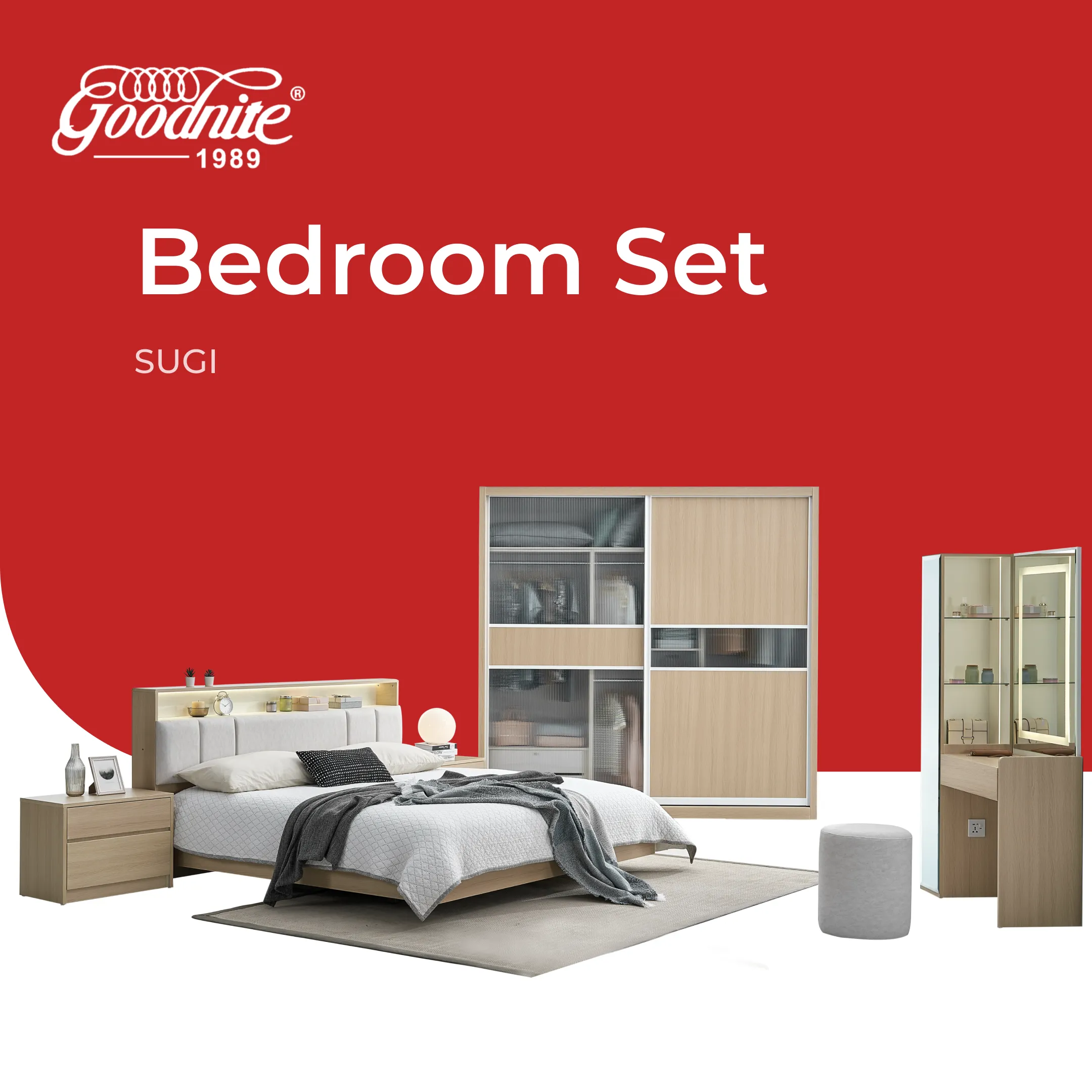 Goodnite Queen/ King Bedroom Set, Bedframe + Wardrobe + Dresser + Side Table (Sugi)