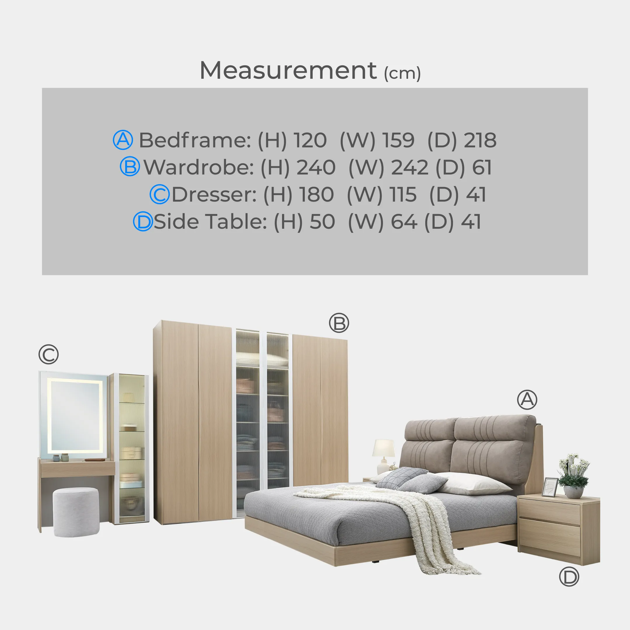 Goodnite Queen/ King Bedroom Set, Bedframe + Wardrobe + Dresser + Side Table (Eim)
