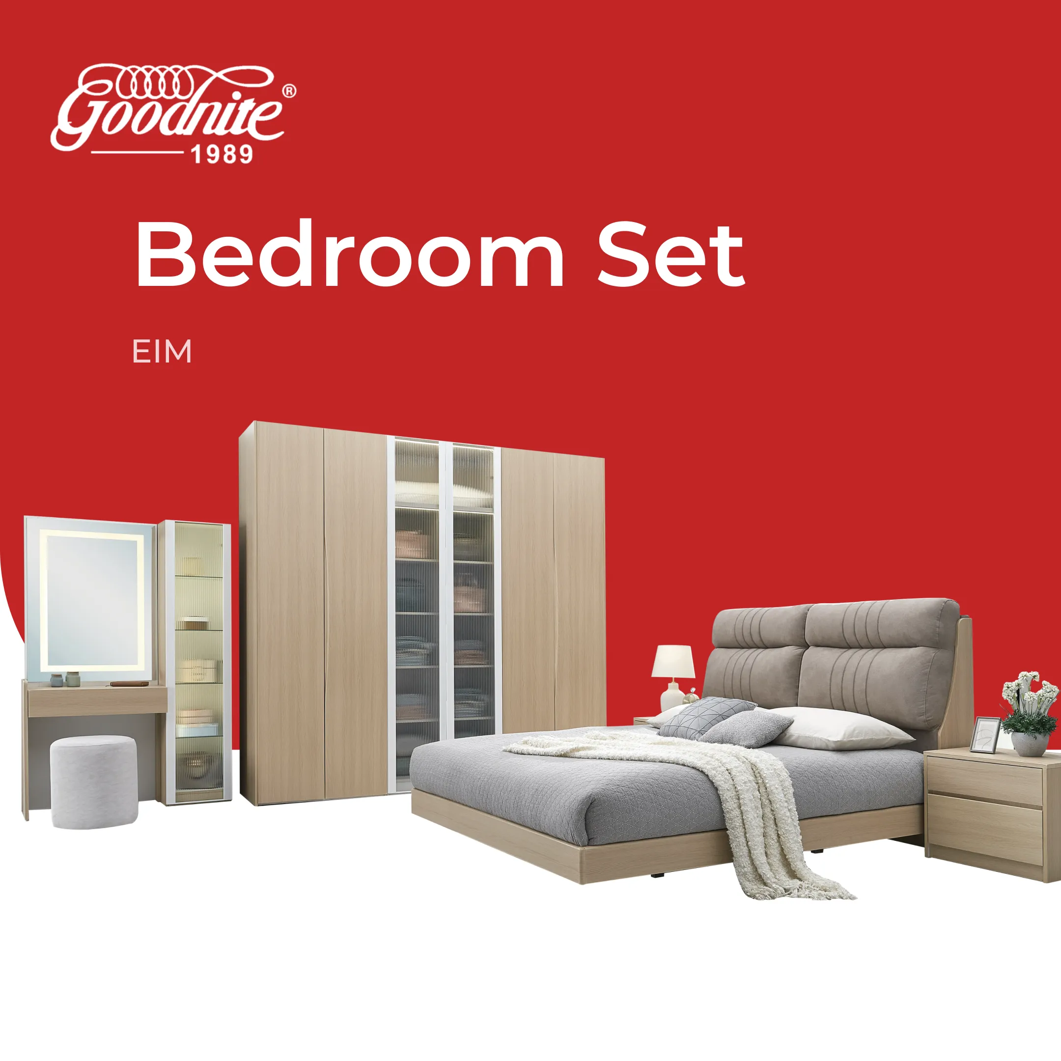 Goodnite Queen/ King Bedroom Set, Bedframe + Wardrobe + Dresser + Side Table (Eim)