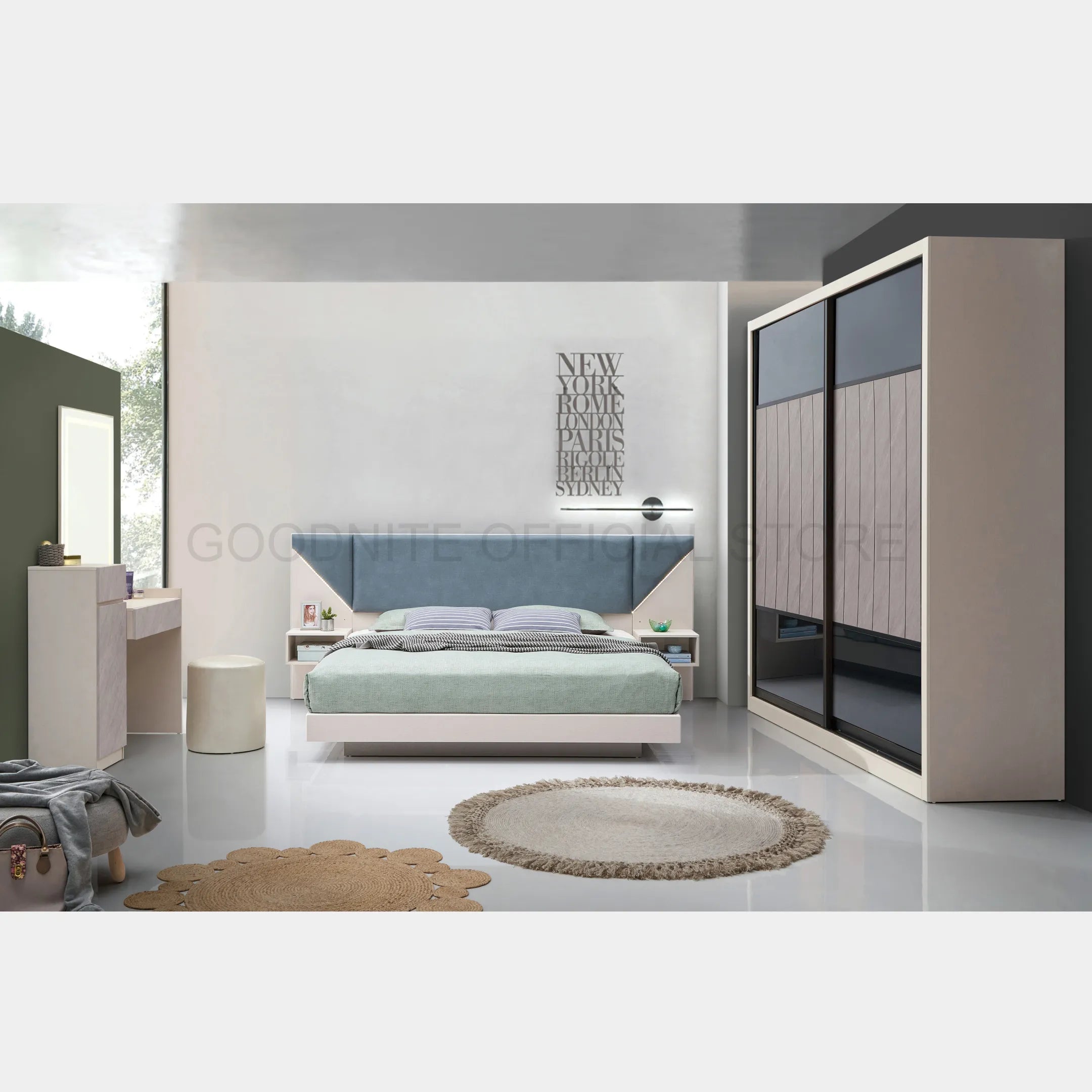 Goodnite Queen/ King Bedroom Set, Bedframe + Wardrobe + Dresser + Side Table (Terra)