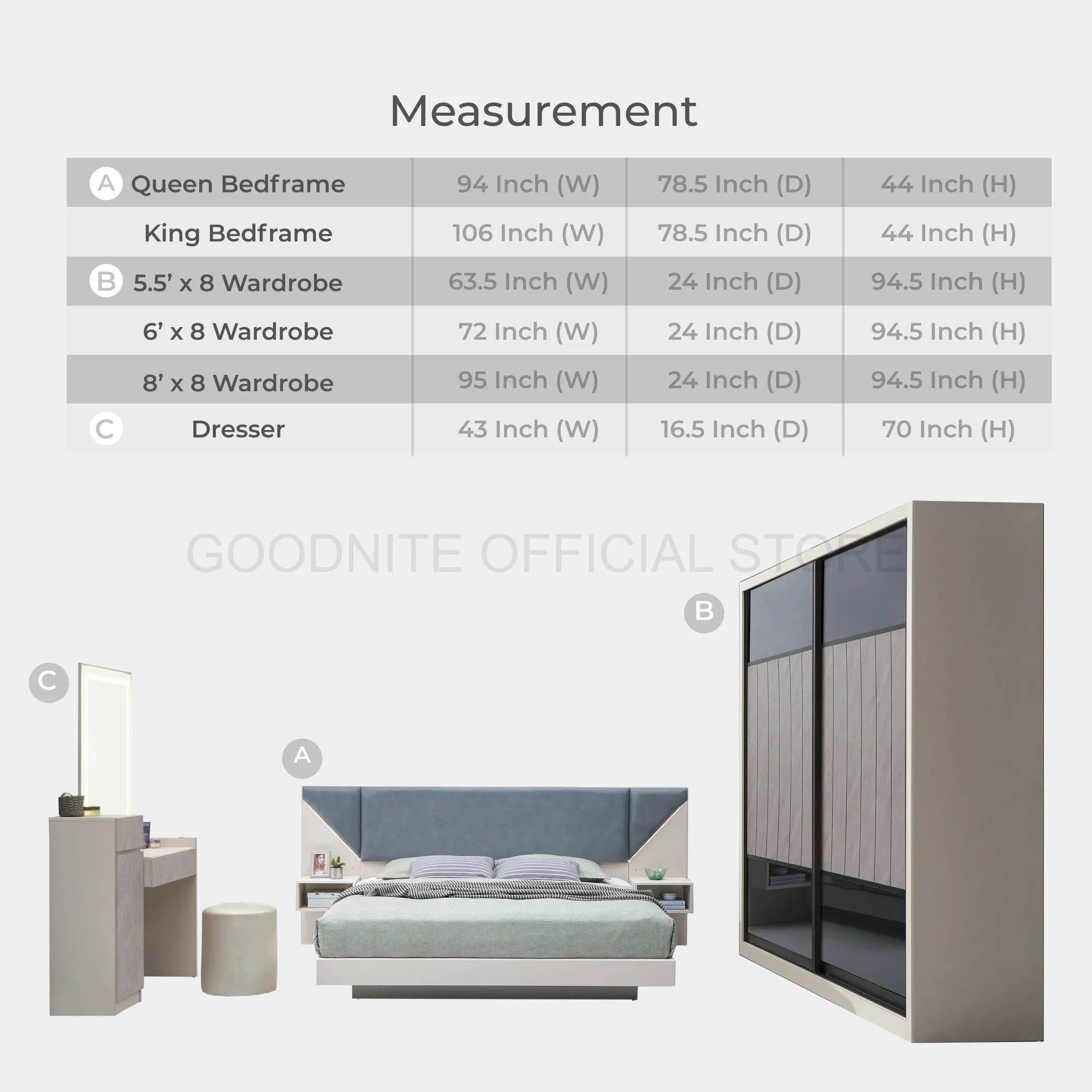 Goodnite Queen/ King Bedroom Set, Bedframe + Wardrobe + Dresser + Side Table (Terra)